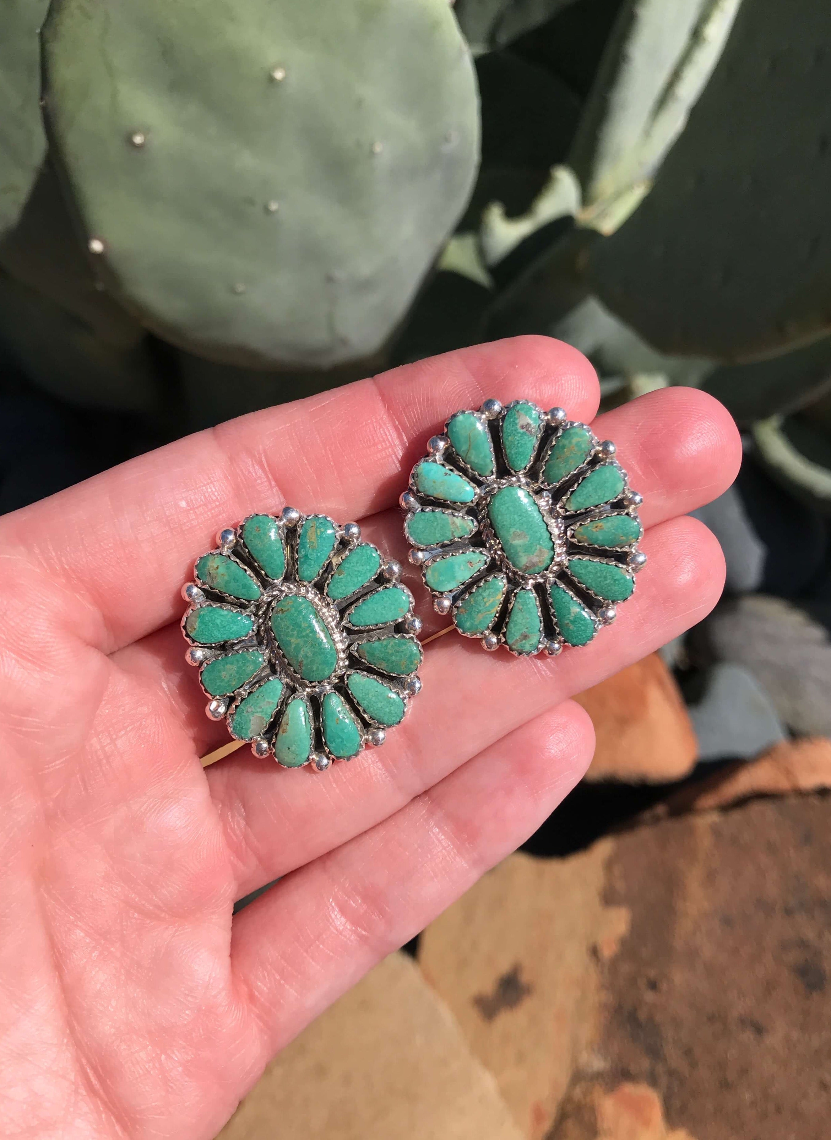 The Western Skies Cluster Earrings, 10-Earrings-Calli Co., Turquoise and Silver Jewelry, Native American Handmade, Zuni Tribe, Navajo Tribe, Brock Texas