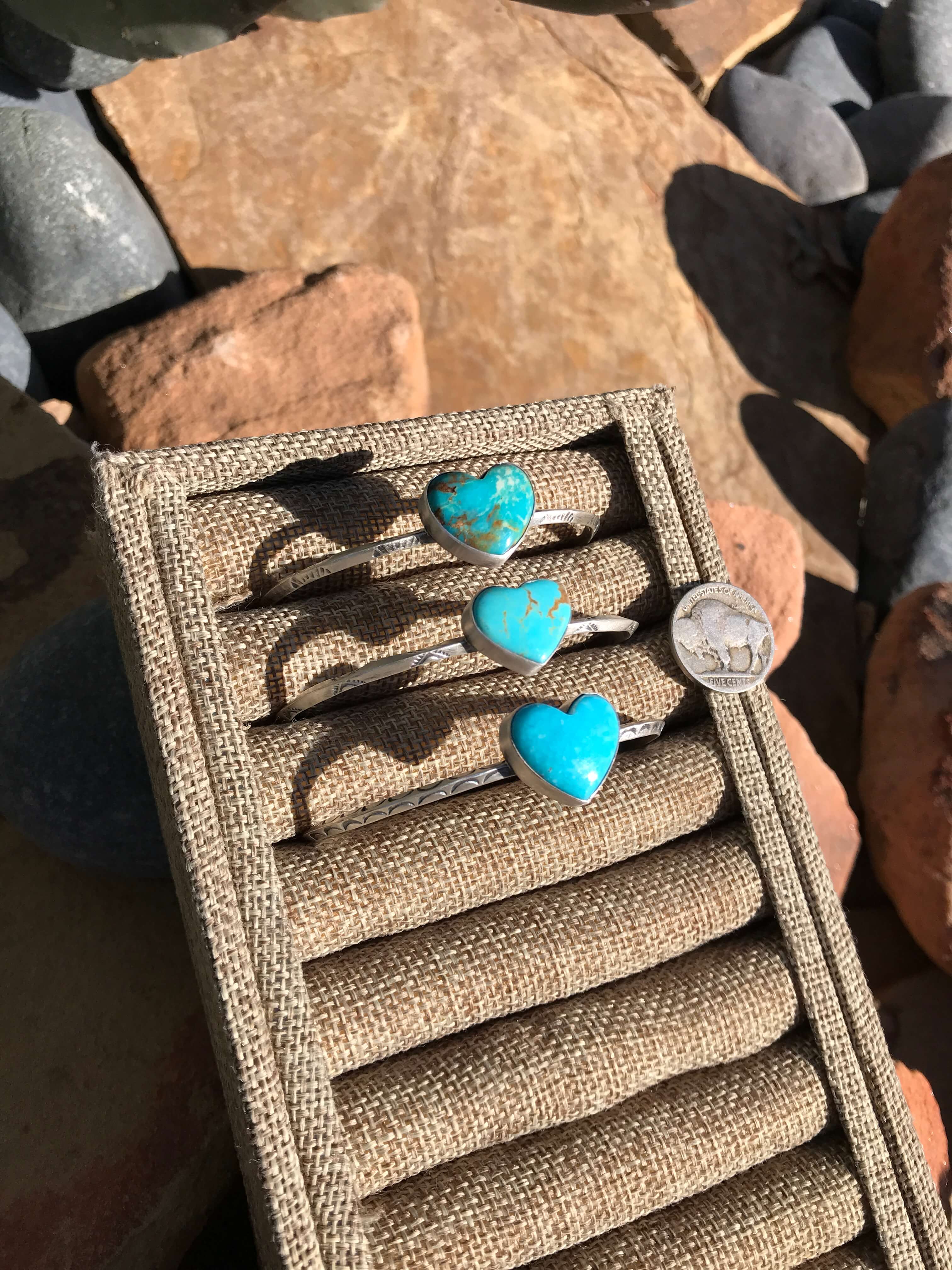 The Classic Turquoise Heart Cuffs-Bracelets & Cuffs-Calli Co., Turquoise and Silver Jewelry, Native American Handmade, Zuni Tribe, Navajo Tribe, Brock Texas