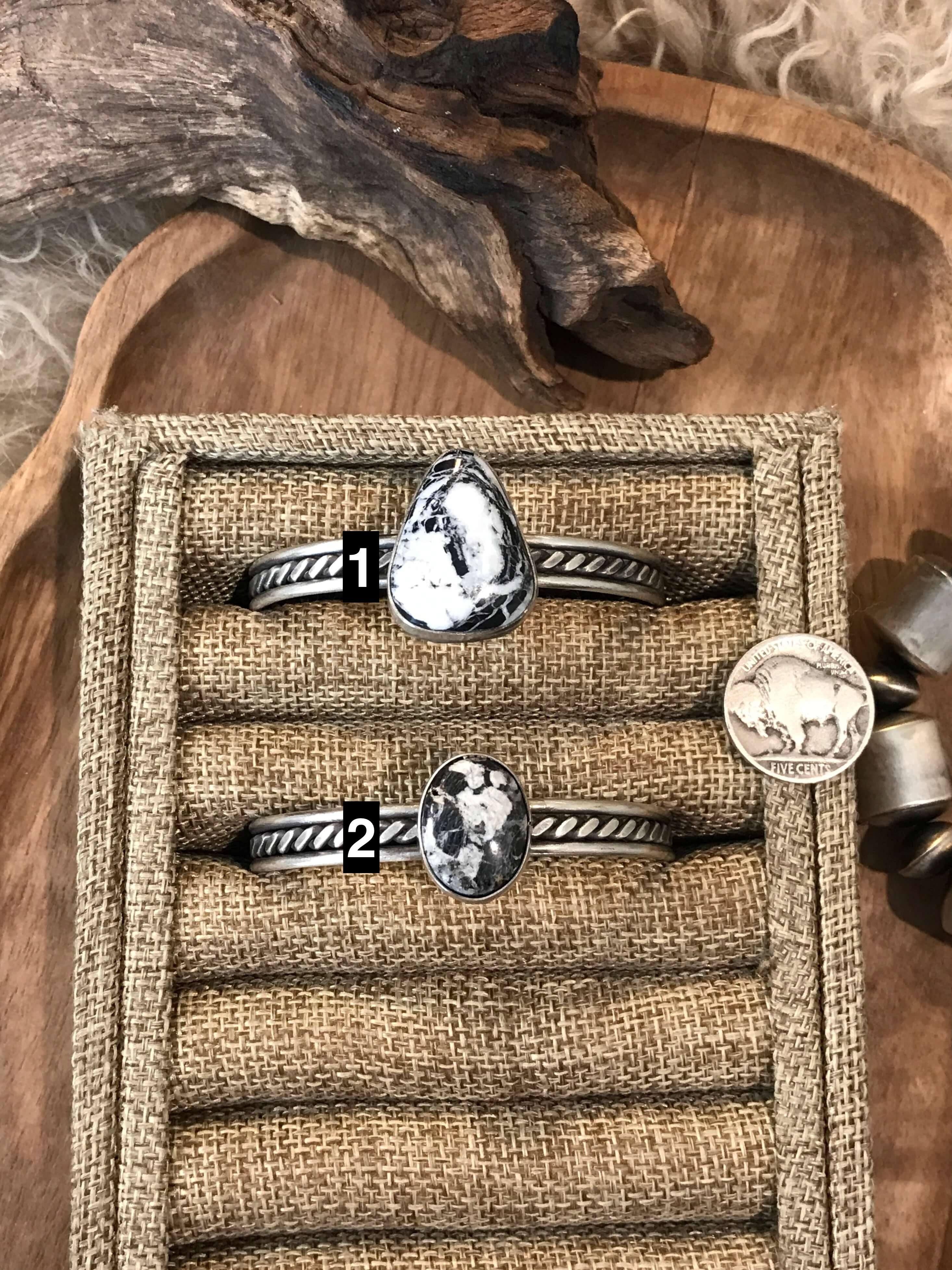 The Bertrand White Buffalo Cuffs-Bracelets & Cuffs-Calli Co., Turquoise and Silver Jewelry, Native American Handmade, Zuni Tribe, Navajo Tribe, Brock Texas