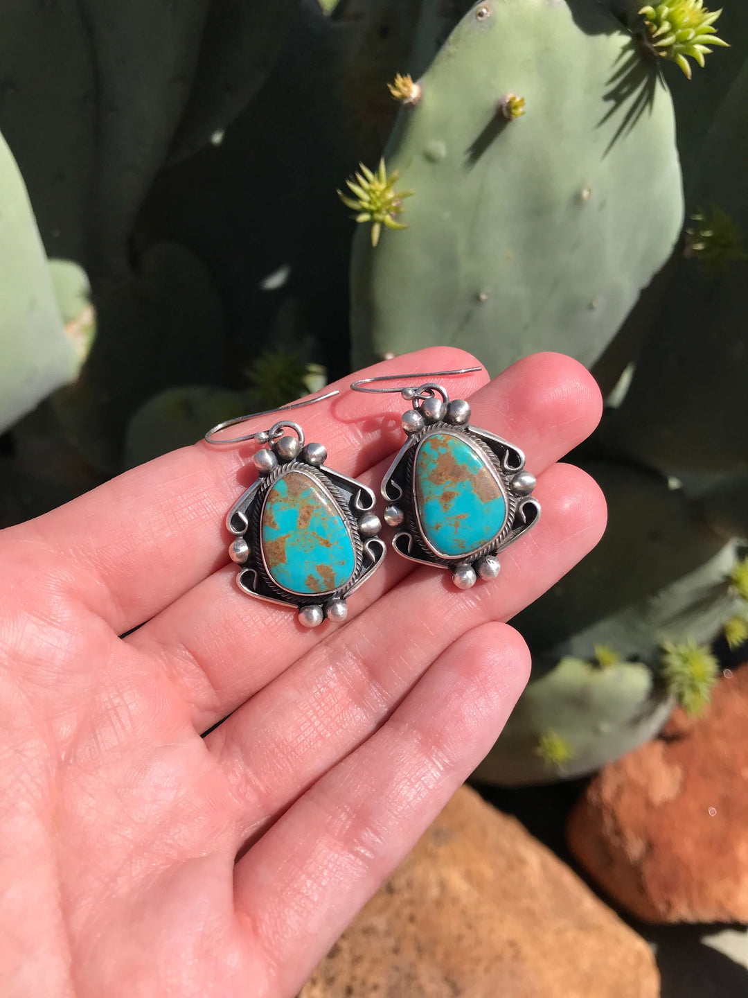 The Turquoise Dangle Earrings, 11-Earrings-Calli Co., Turquoise and Silver Jewelry, Native American Handmade, Zuni Tribe, Navajo Tribe, Brock Texas