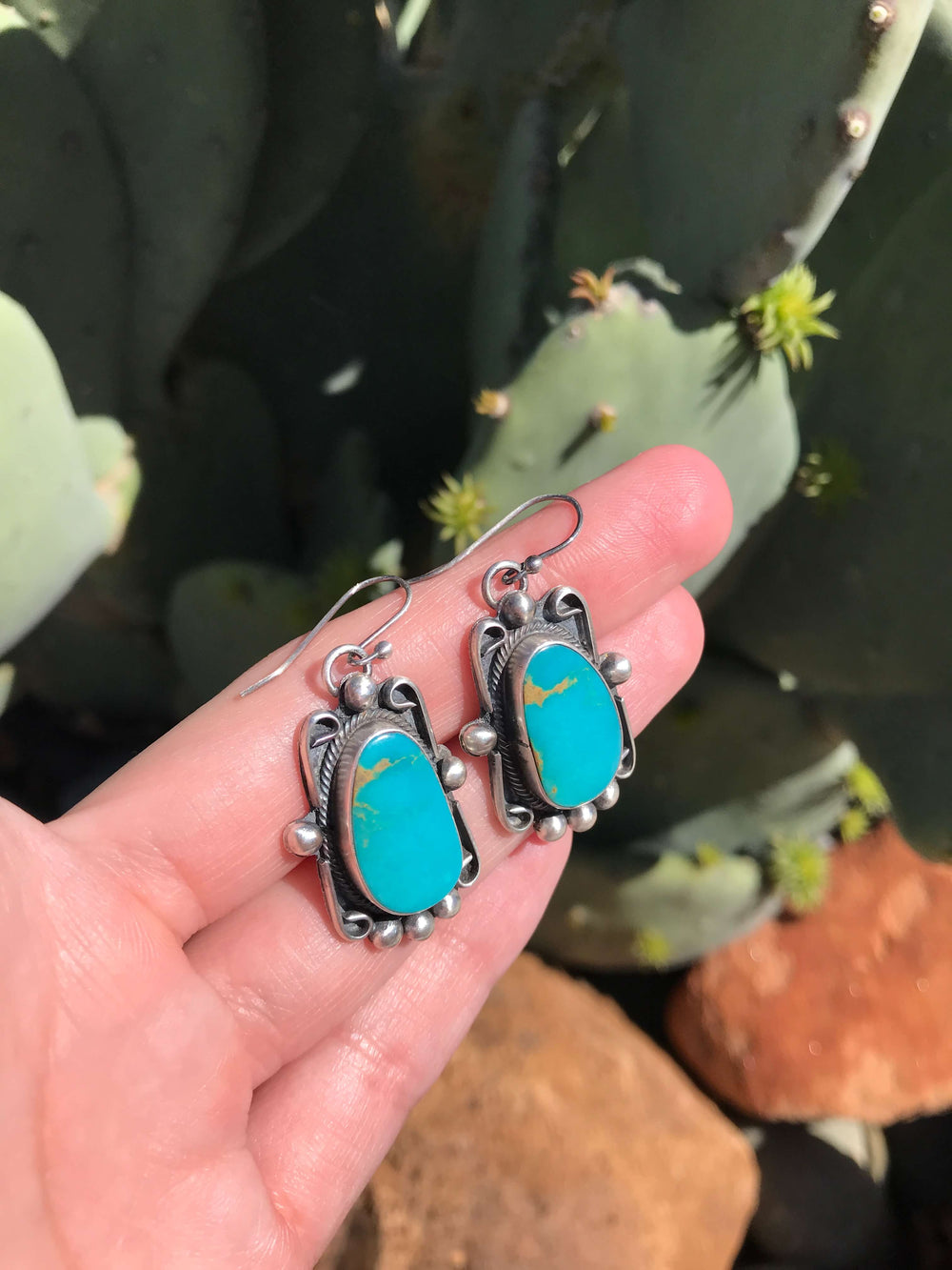 The Turquoise Dangle Earrings, 12-Earrings-Calli Co., Turquoise and Silver Jewelry, Native American Handmade, Zuni Tribe, Navajo Tribe, Brock Texas