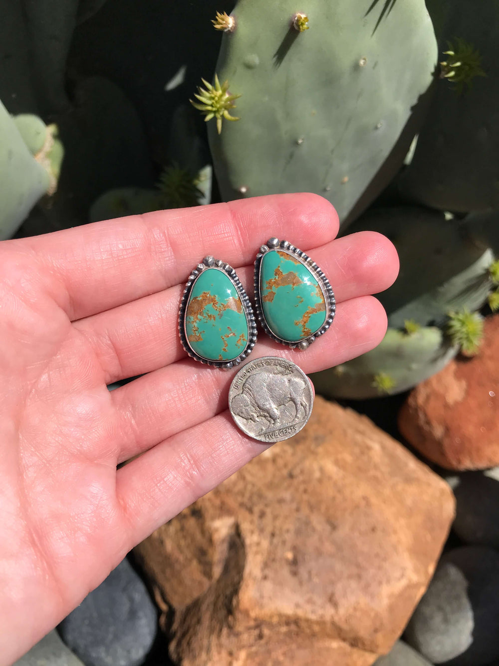 The Turquoise Studs, 1-Earrings-Calli Co., Turquoise and Silver Jewelry, Native American Handmade, Zuni Tribe, Navajo Tribe, Brock Texas