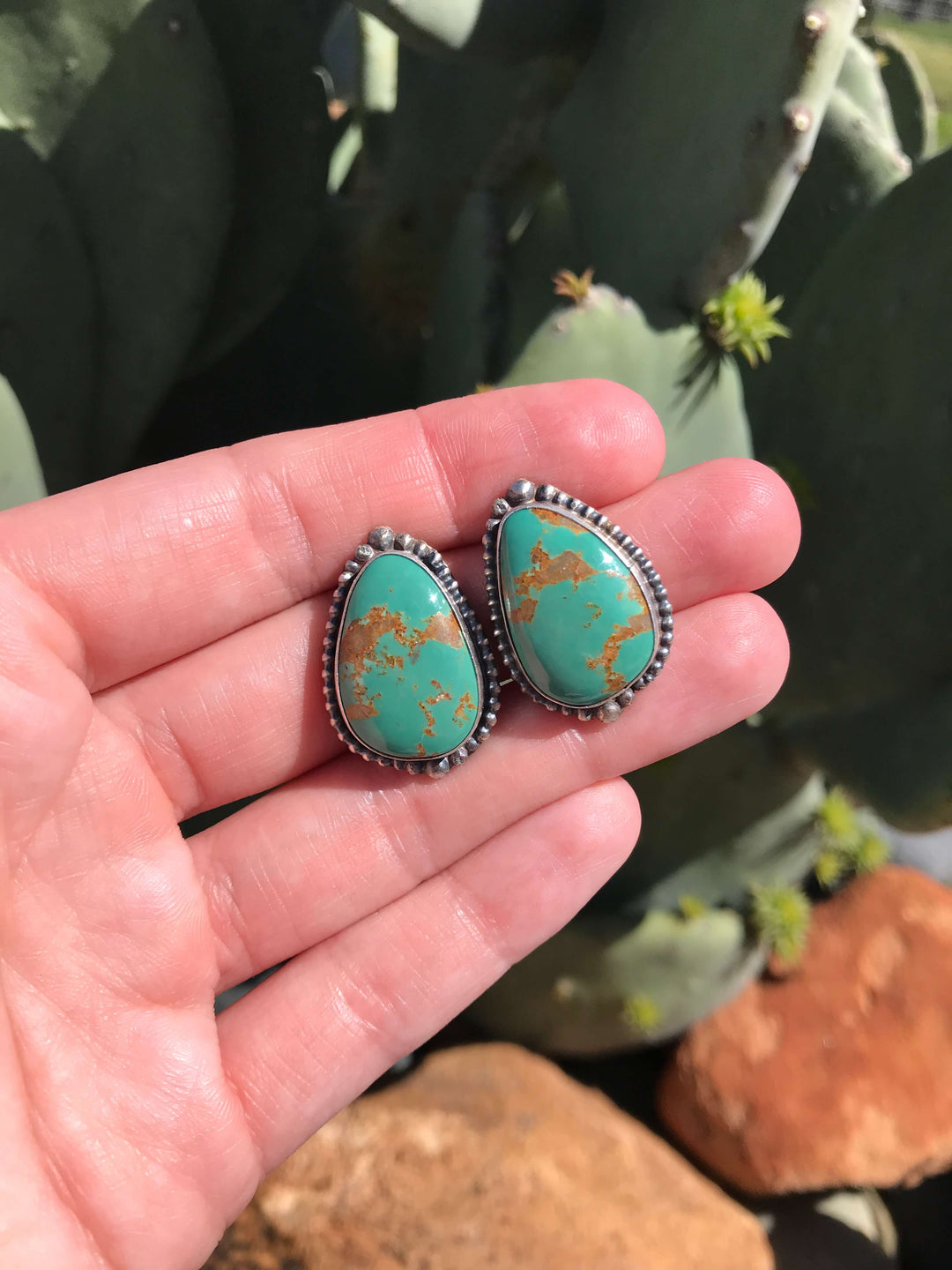 The Turquoise Studs, 1-Earrings-Calli Co., Turquoise and Silver Jewelry, Native American Handmade, Zuni Tribe, Navajo Tribe, Brock Texas