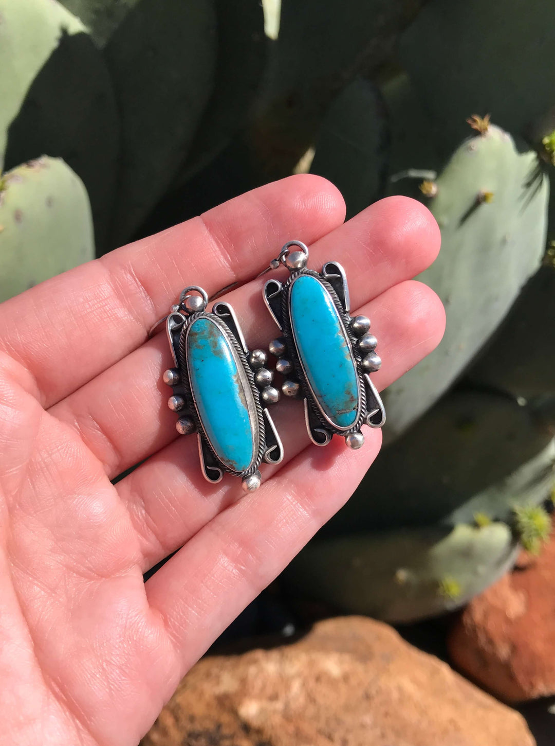 The Turquoise Dangle Earrings, 10-Earrings-Calli Co., Turquoise and Silver Jewelry, Native American Handmade, Zuni Tribe, Navajo Tribe, Brock Texas