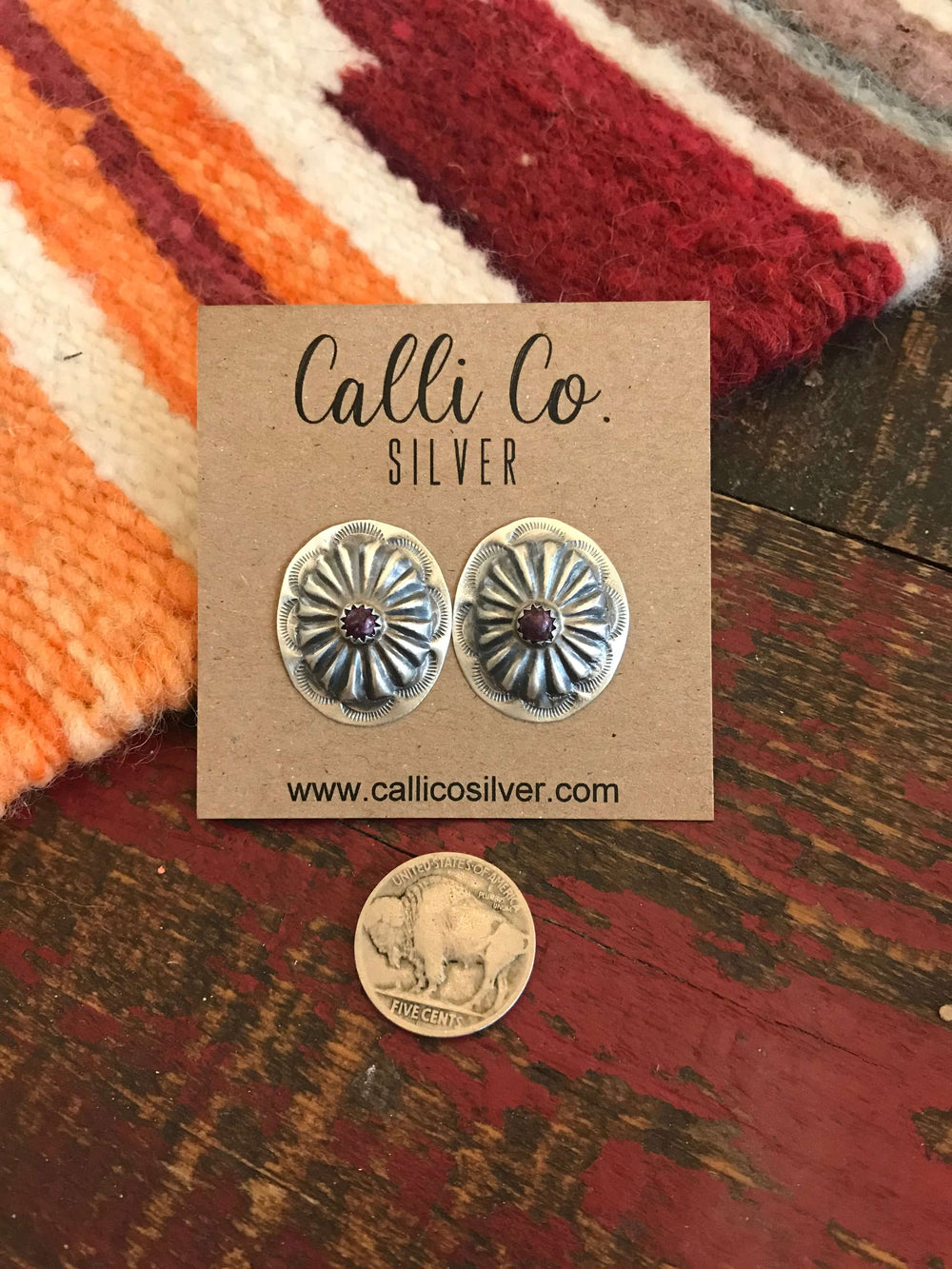 The Delta Concho Earrings in Purple Spiny-Earrings-Calli Co., Turquoise and Silver Jewelry, Native American Handmade, Zuni Tribe, Navajo Tribe, Brock Texas