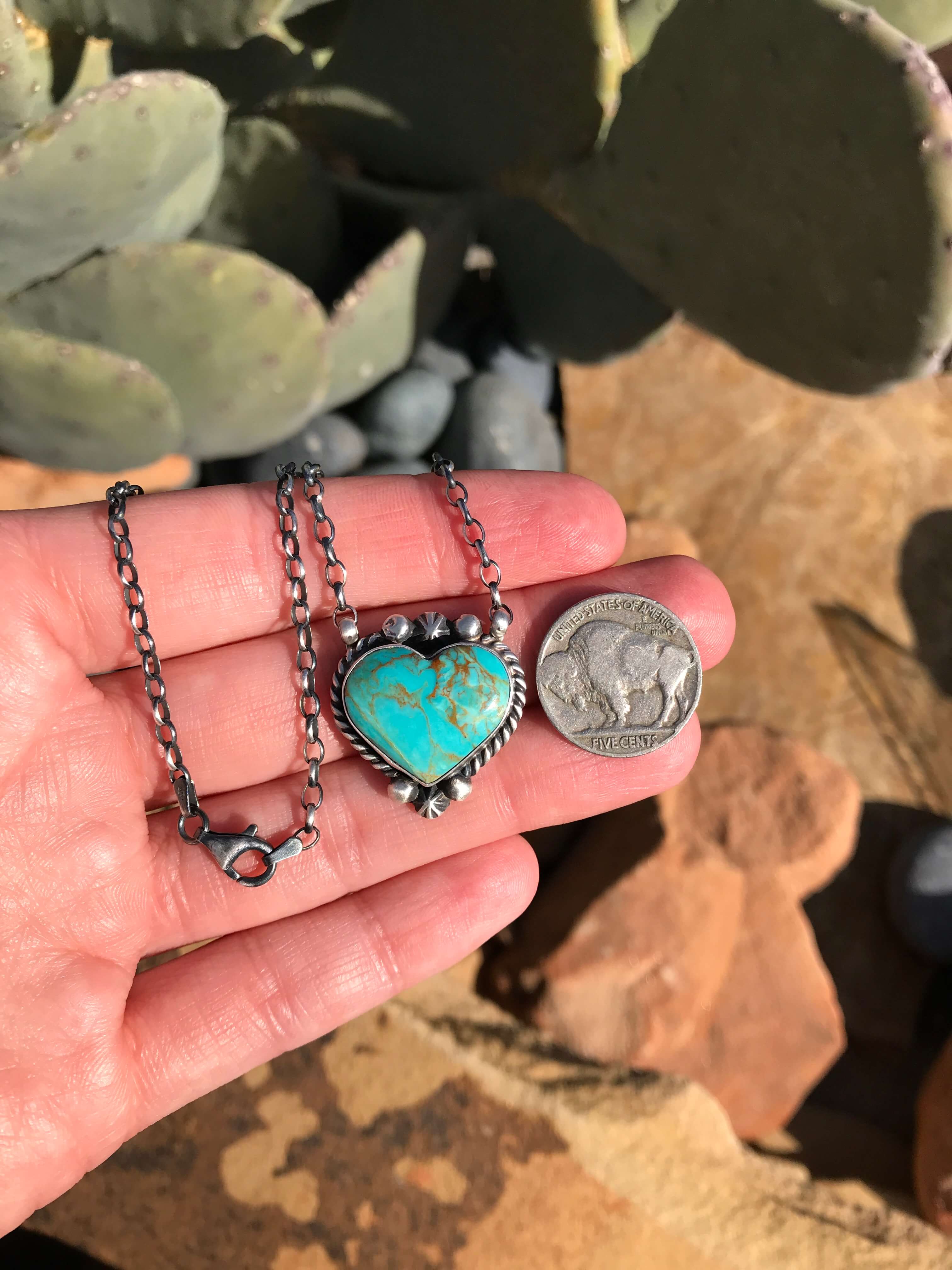 The Heart Necklace, 36-Necklaces-Calli Co., Turquoise and Silver Jewelry, Native American Handmade, Zuni Tribe, Navajo Tribe, Brock Texas