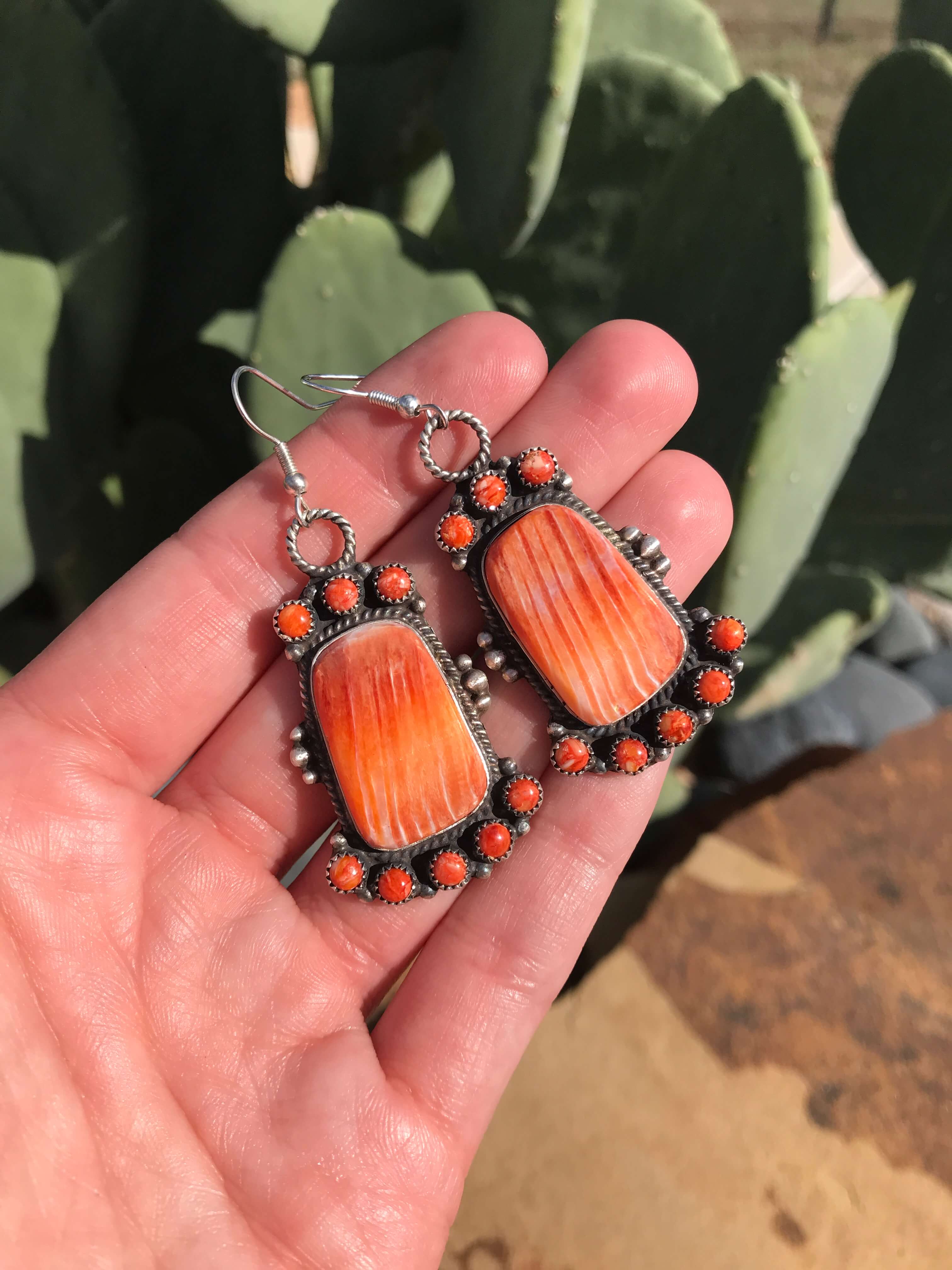 Beaded Earrings with Spiny Oyster Shell, Turquoise, and Silver