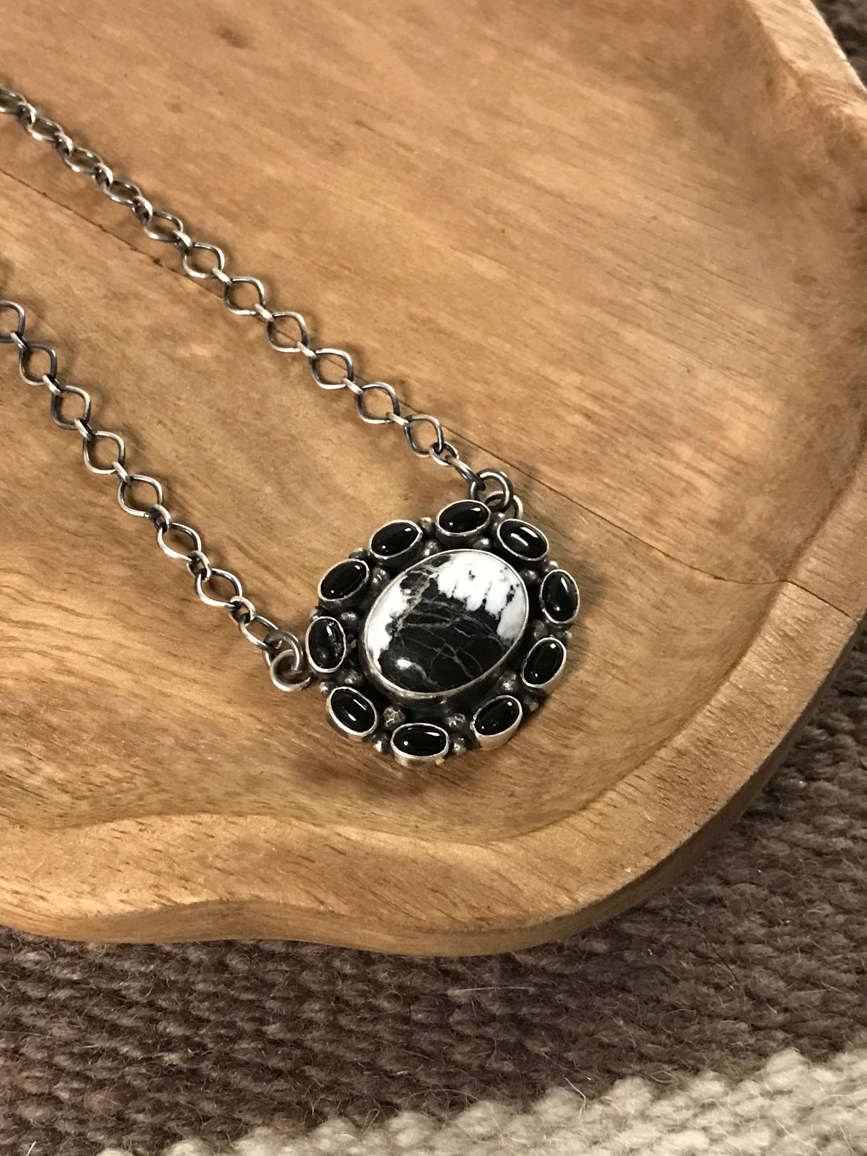 The Inola White Buffalo Necklace, 1-Necklaces-Calli Co., Turquoise and Silver Jewelry, Native American Handmade, Zuni Tribe, Navajo Tribe, Brock Texas