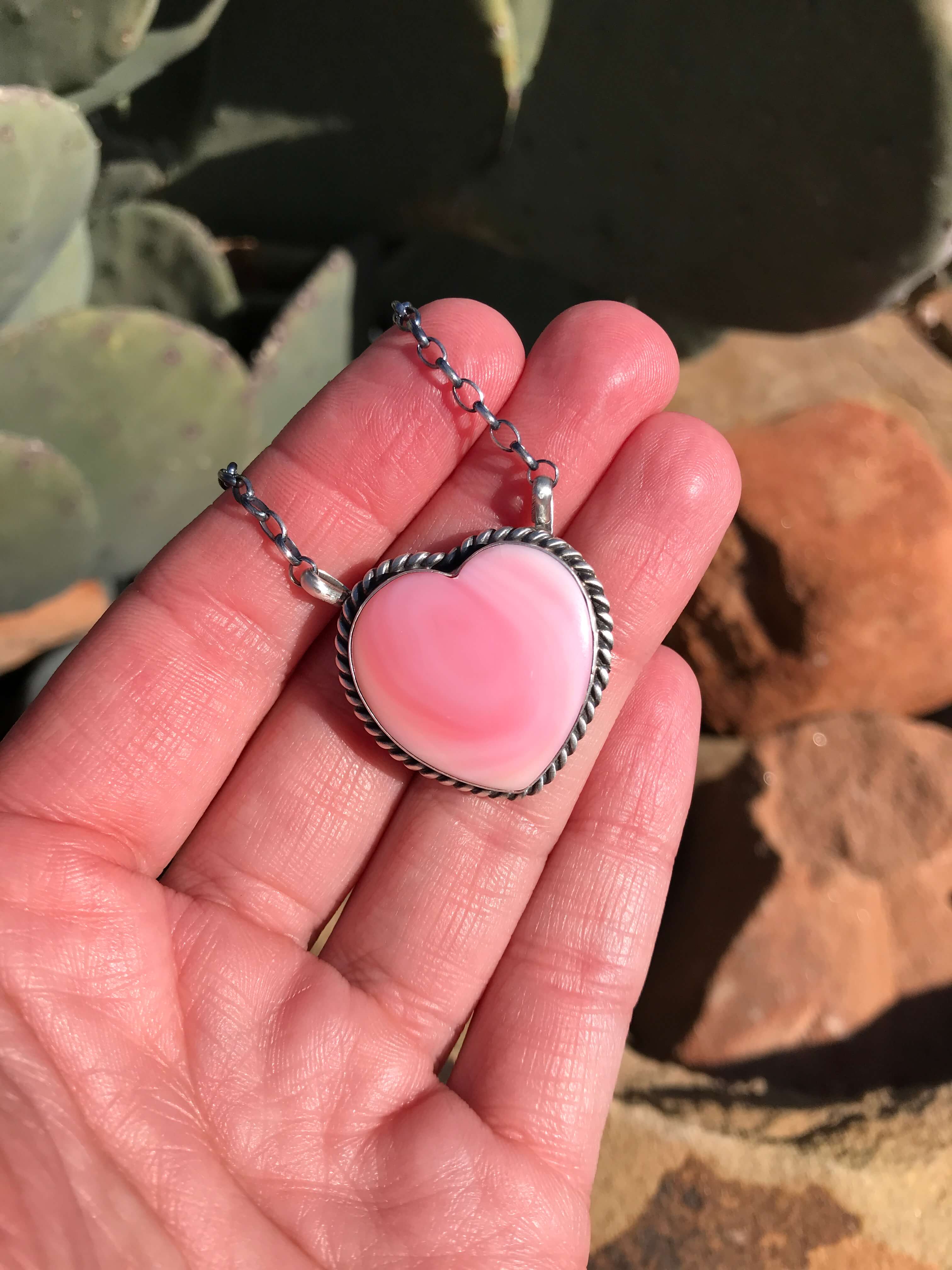 The Grande Pink Conch Heart Necklace, 2-Necklaces-Calli Co., Turquoise and Silver Jewelry, Native American Handmade, Zuni Tribe, Navajo Tribe, Brock Texas