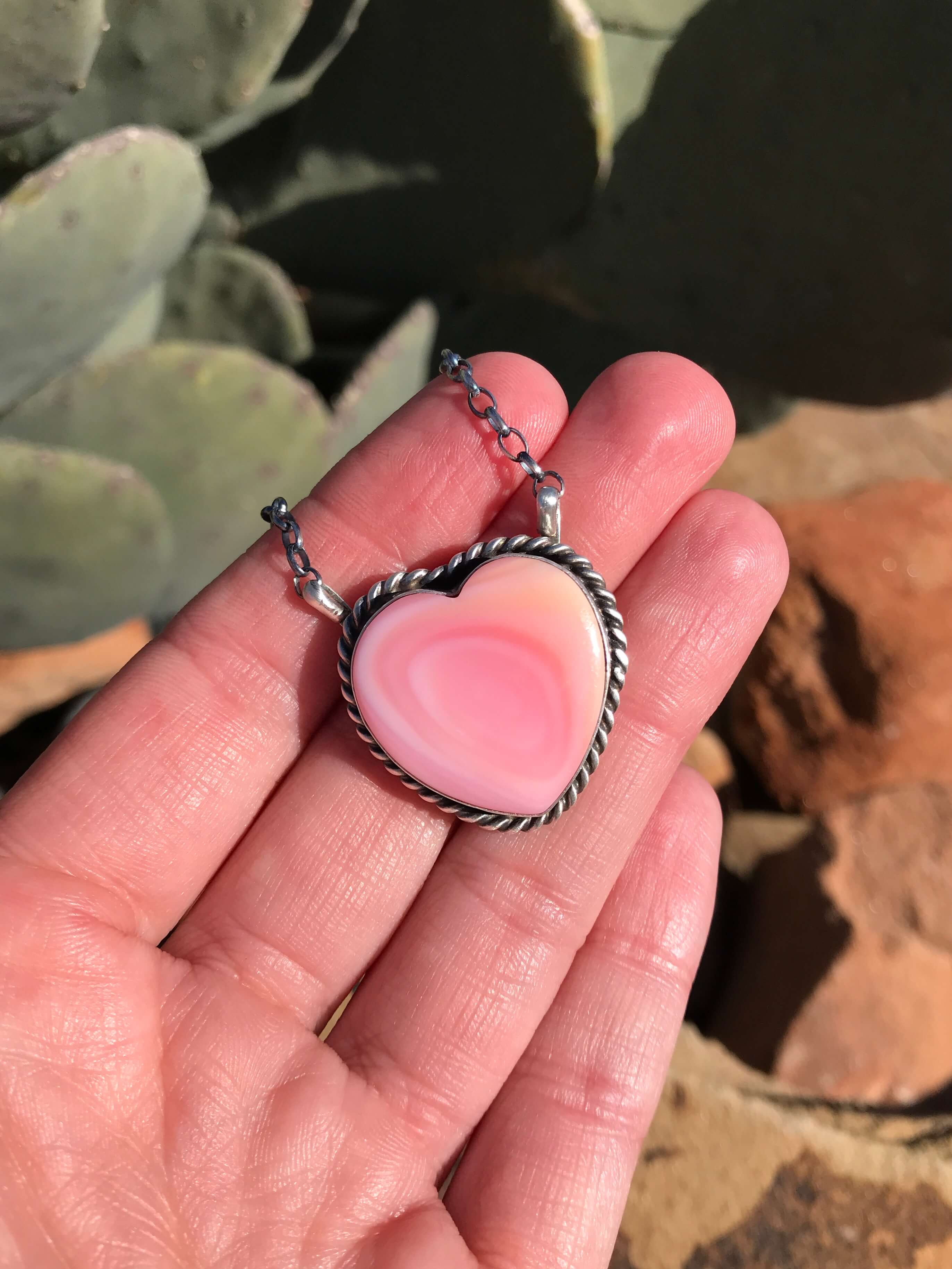 The Grande Pink Conch Heart Necklace, 3-Necklaces-Calli Co., Turquoise and Silver Jewelry, Native American Handmade, Zuni Tribe, Navajo Tribe, Brock Texas