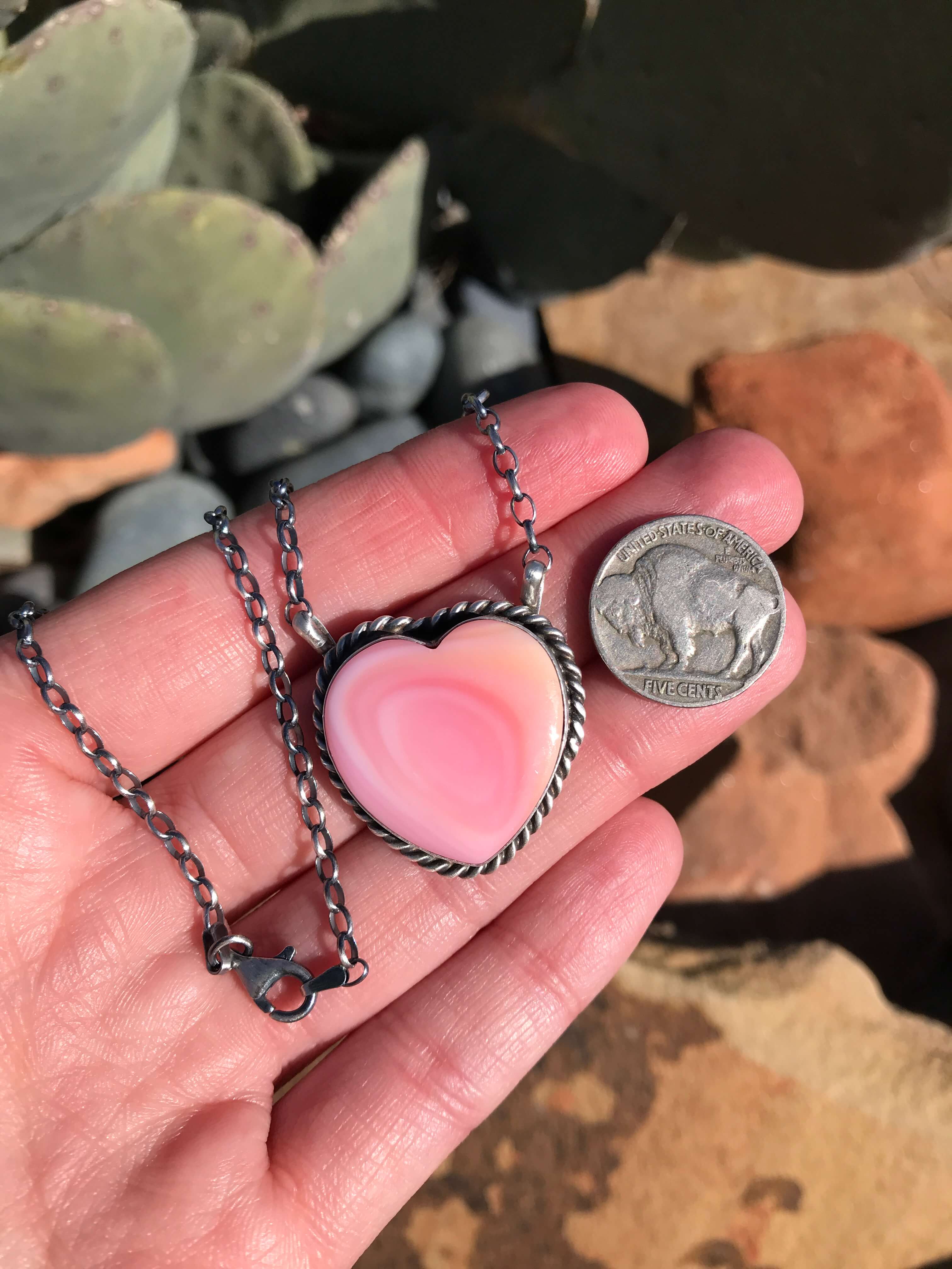 The Grande Pink Conch Heart Necklace, 3-Necklaces-Calli Co., Turquoise and Silver Jewelry, Native American Handmade, Zuni Tribe, Navajo Tribe, Brock Texas