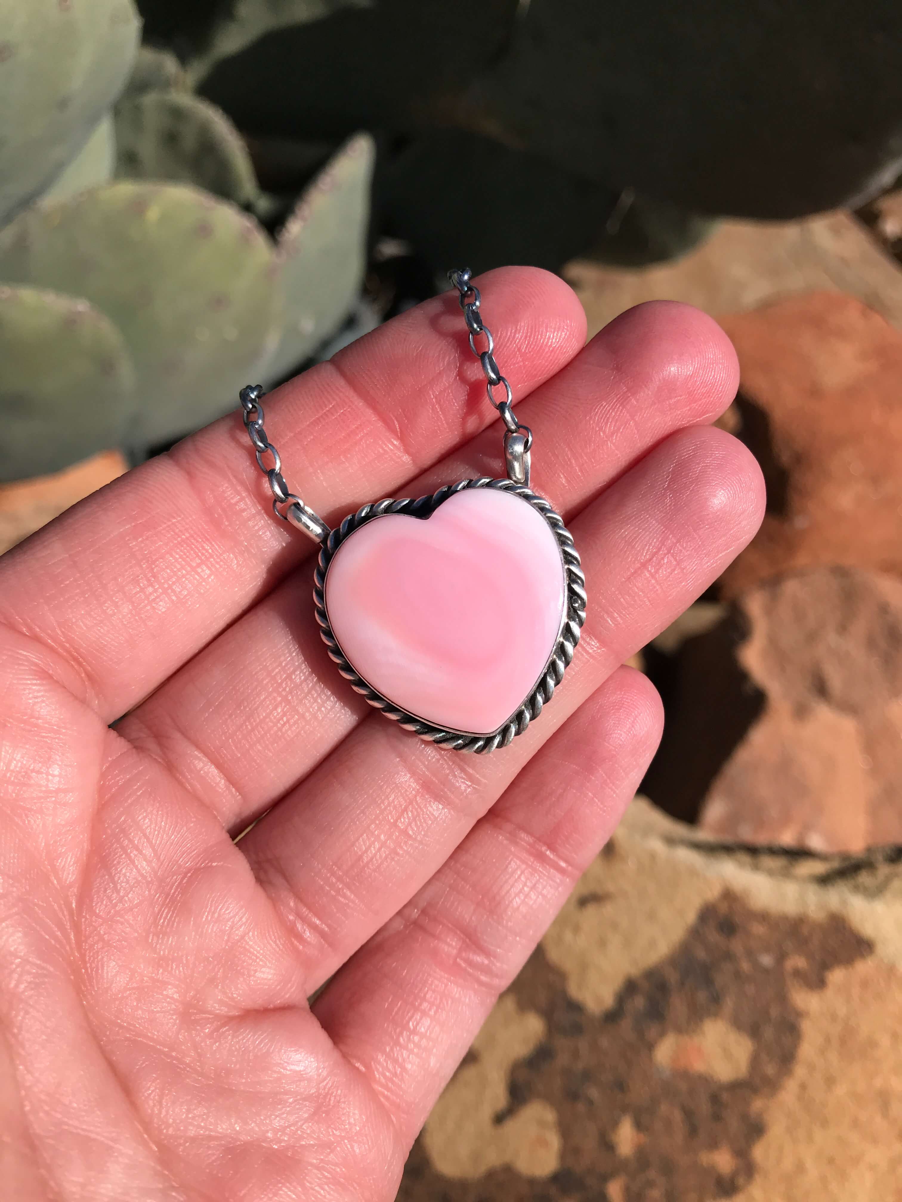 The Grande Pink Conch Heart Necklace, 1-Necklaces-Calli Co., Turquoise and Silver Jewelry, Native American Handmade, Zuni Tribe, Navajo Tribe, Brock Texas