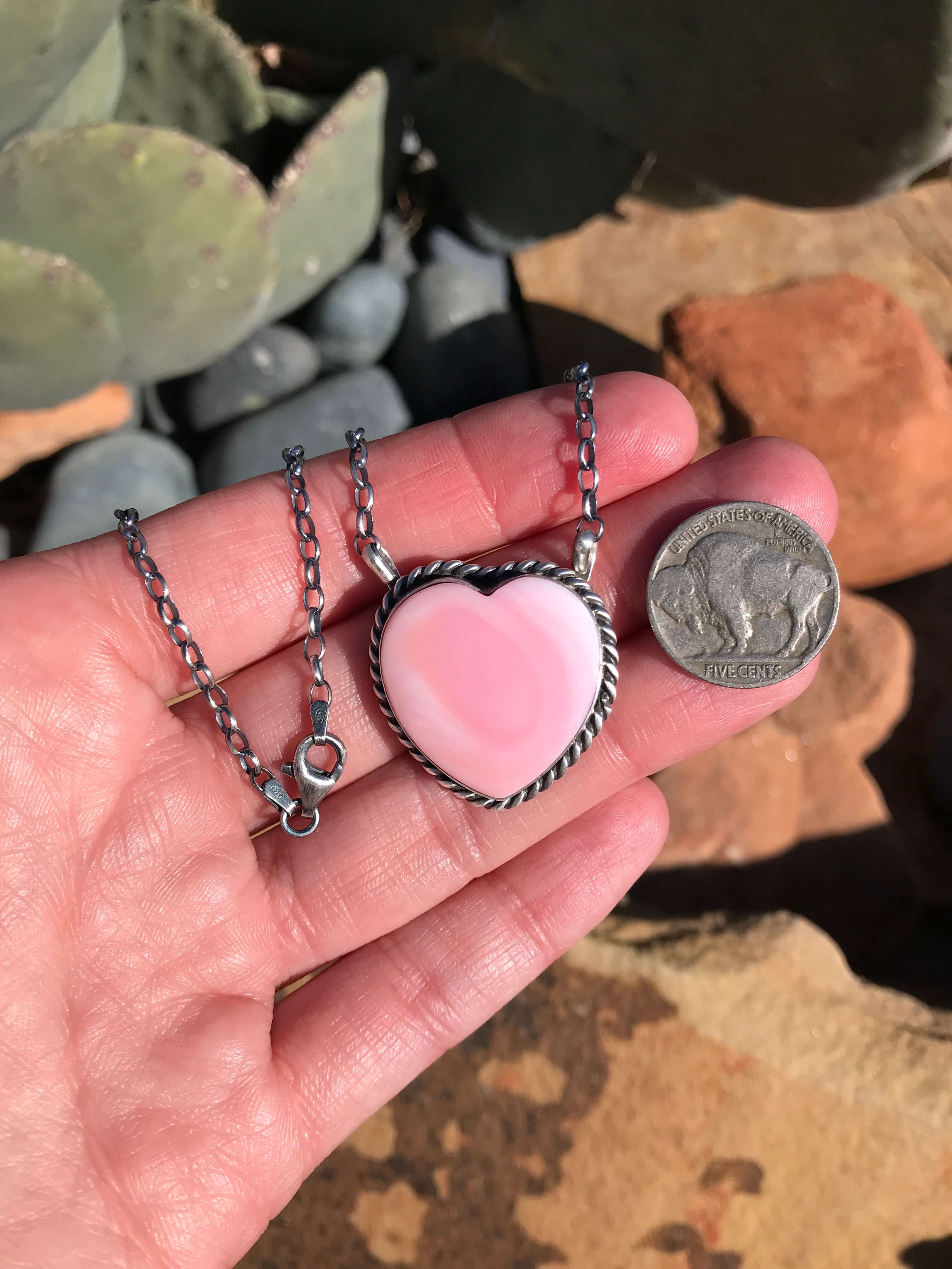 The Grande Pink Conch Heart Necklace, 1-Necklaces-Calli Co., Turquoise and Silver Jewelry, Native American Handmade, Zuni Tribe, Navajo Tribe, Brock Texas