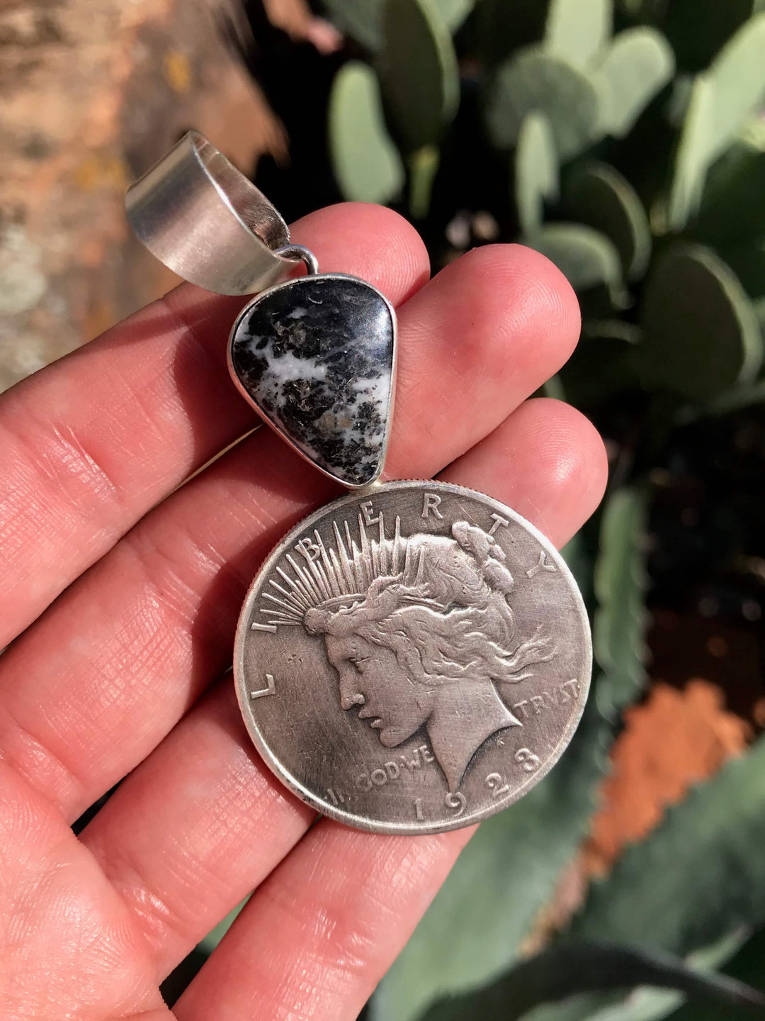 The Lawler White Buffalo Liberty Dollar Pendant-Pendants-Calli Co., Turquoise and Silver Jewelry, Native American Handmade, Zuni Tribe, Navajo Tribe, Brock Texas