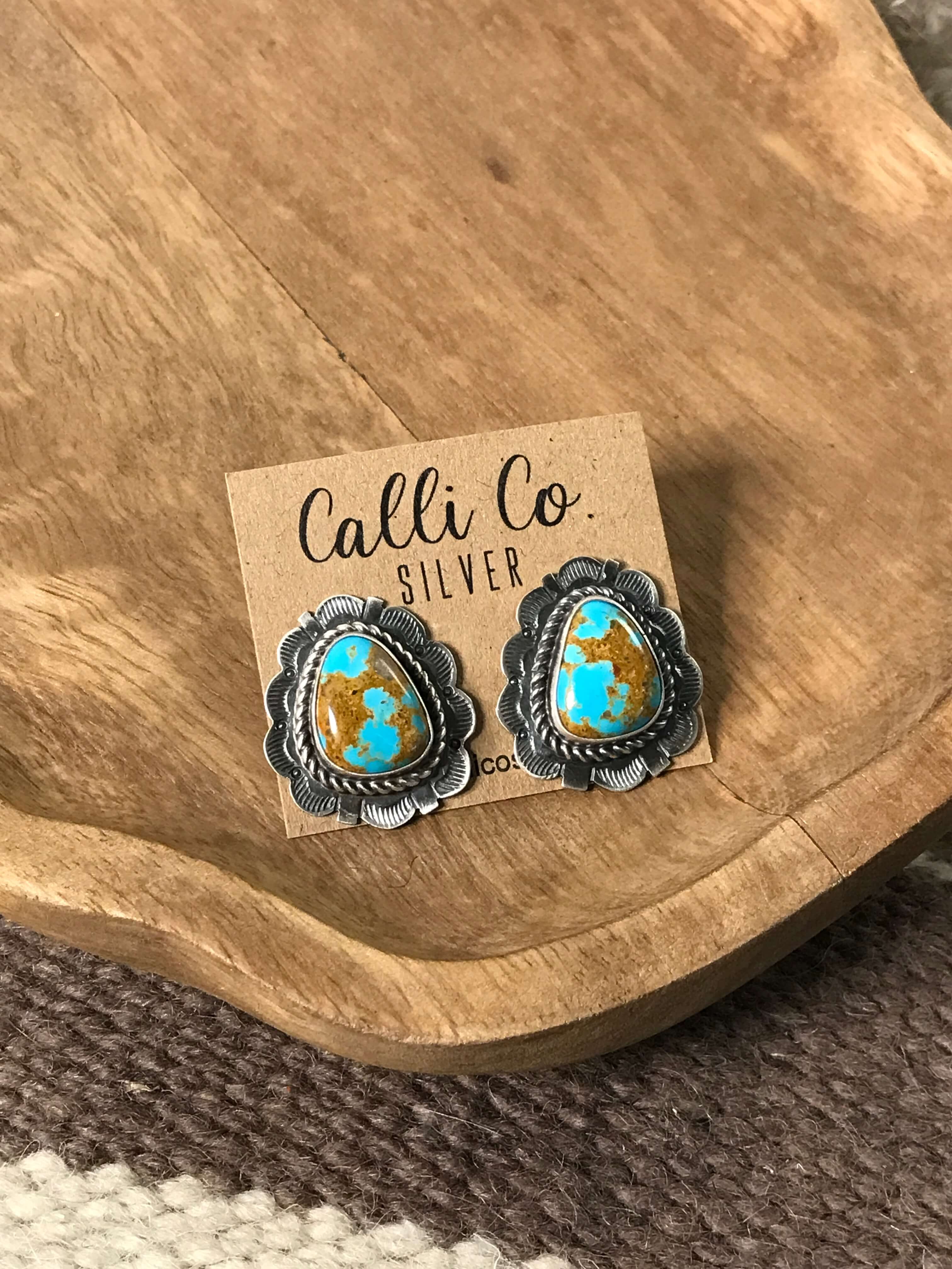 The Chattanooga Turquoise Studs, 2-Earrings-Calli Co., Turquoise and Silver Jewelry, Native American Handmade, Zuni Tribe, Navajo Tribe, Brock Texas