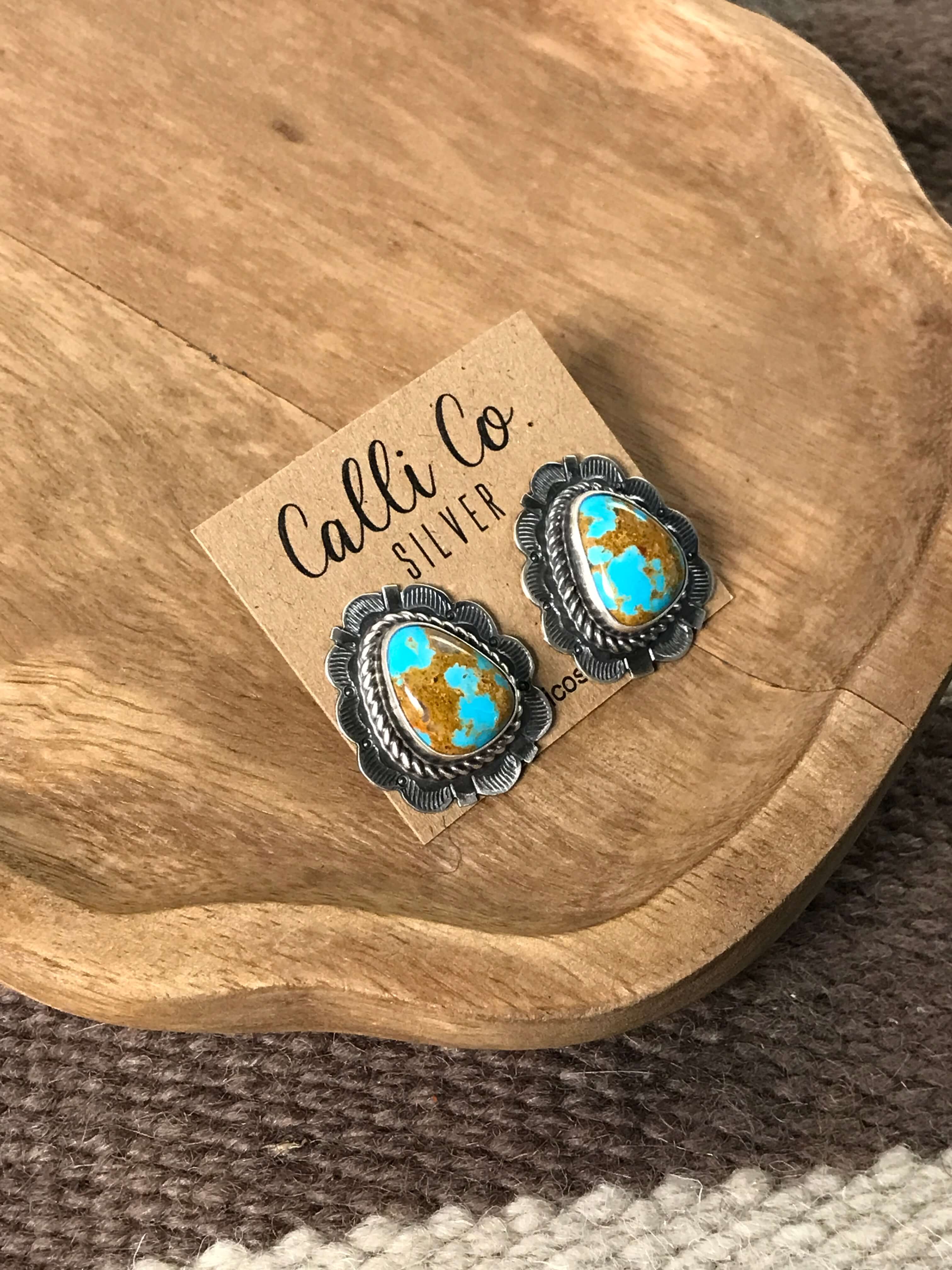 The Chattanooga Turquoise Studs, 2-Earrings-Calli Co., Turquoise and Silver Jewelry, Native American Handmade, Zuni Tribe, Navajo Tribe, Brock Texas