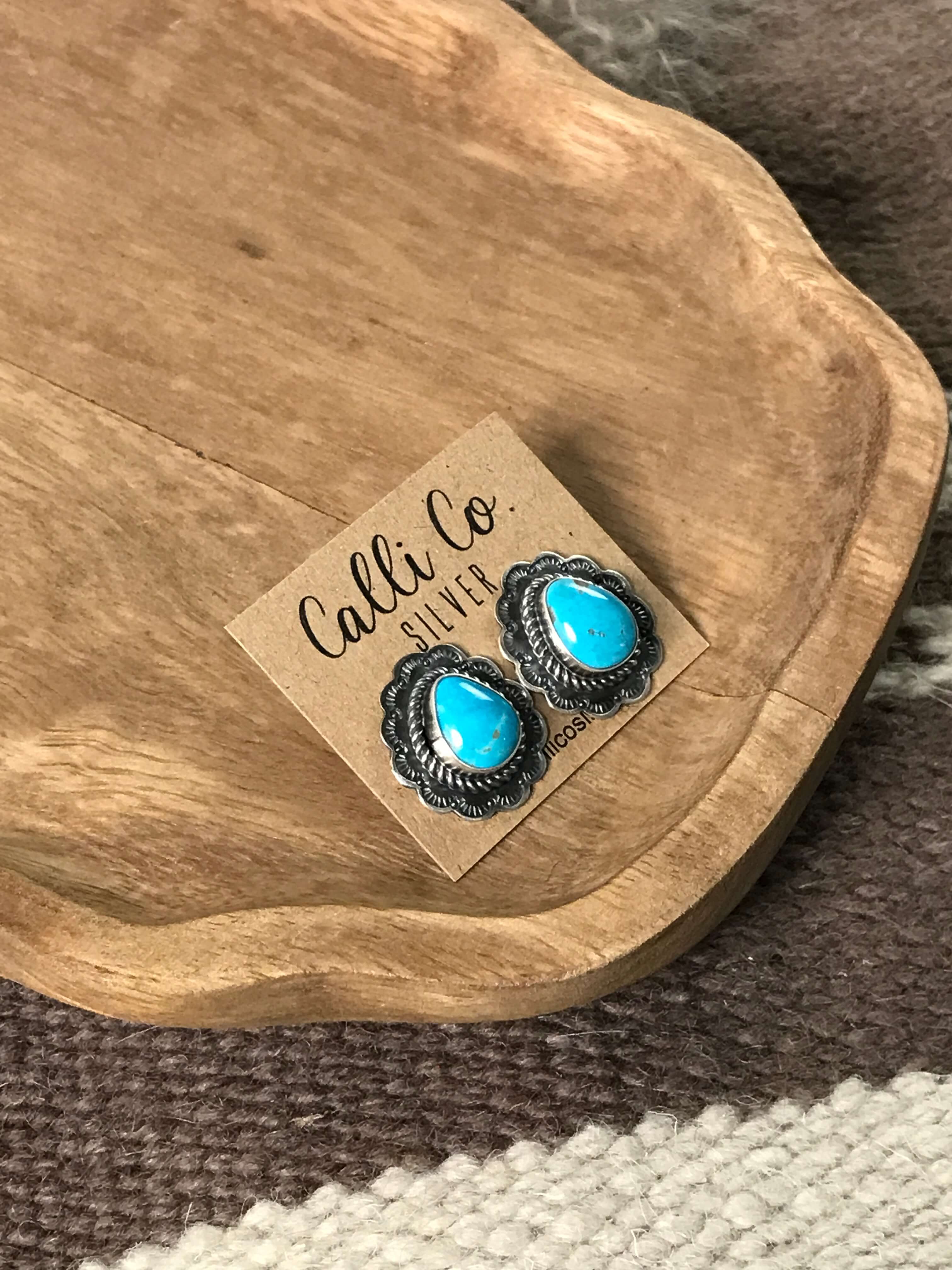The Chattanooga Turquoise Studs, 3-Earrings-Calli Co., Turquoise and Silver Jewelry, Native American Handmade, Zuni Tribe, Navajo Tribe, Brock Texas