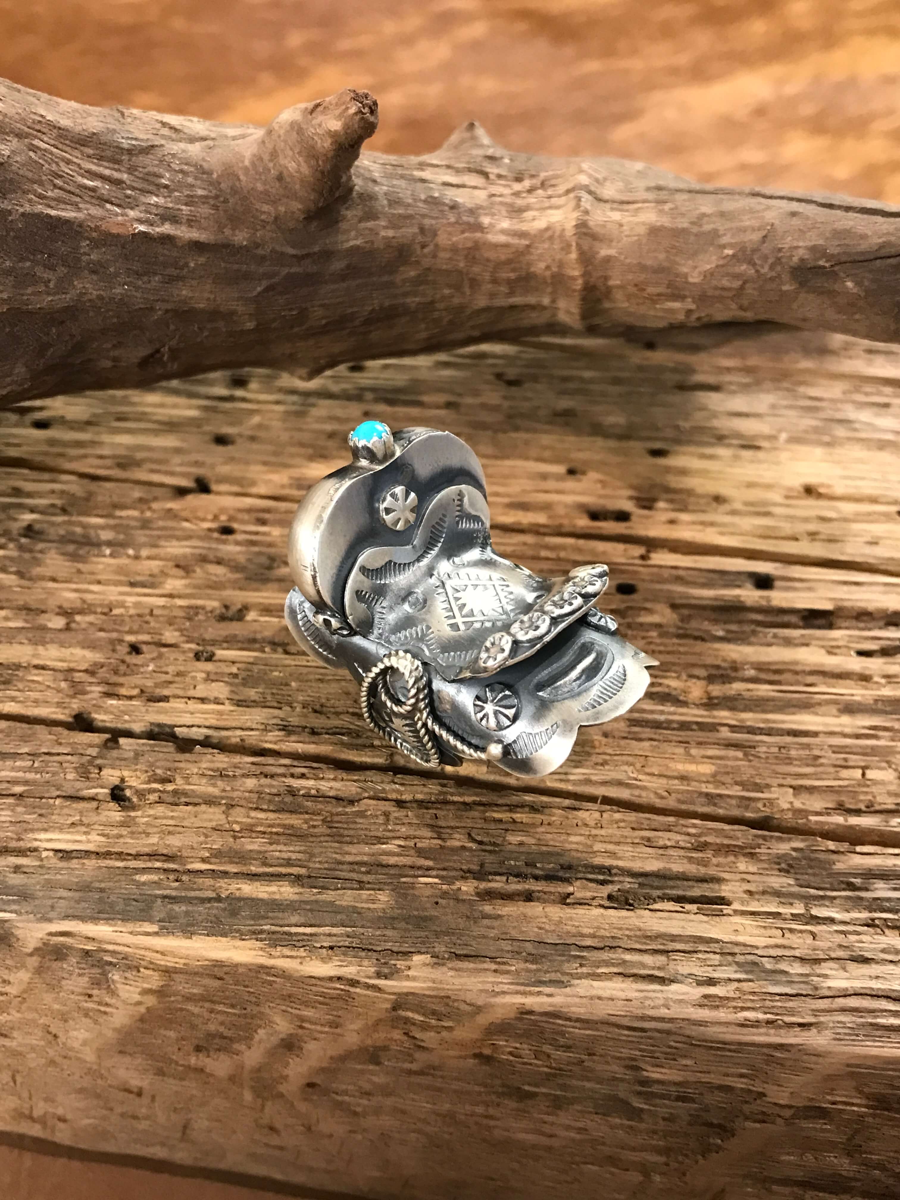 The Takoda Saddle Turquoise Ring 1, Sz 7.5-Rings-Calli Co., Turquoise and Silver Jewelry, Native American Handmade, Zuni Tribe, Navajo Tribe, Brock Texas