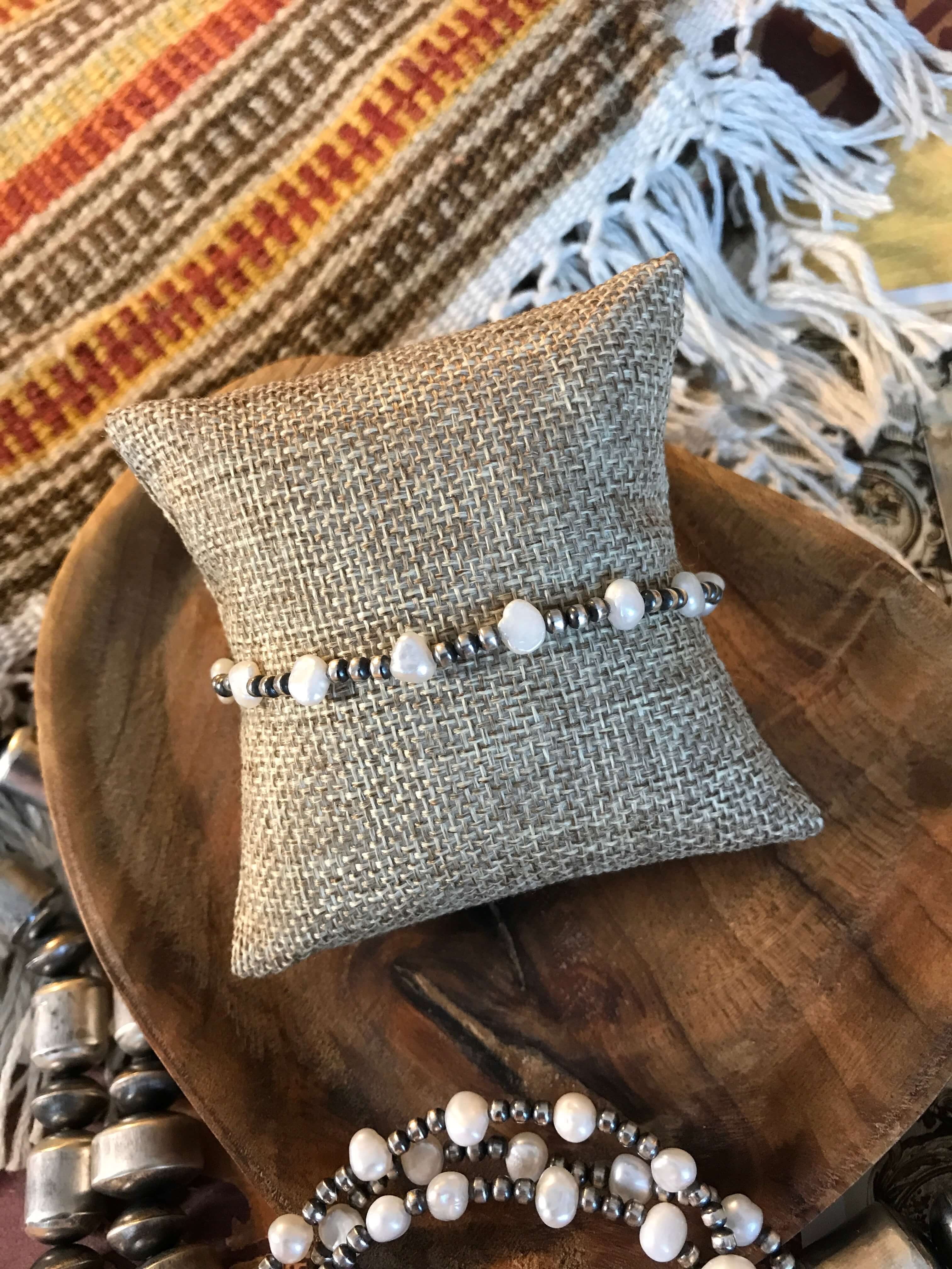 The Dainty Stretch Bracelet in Pearl-Bracelets & Cuffs-Calli Co., Turquoise and Silver Jewelry, Native American Handmade, Zuni Tribe, Navajo Tribe, Brock Texas