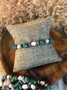 The Pearl and Turquoise Nugget Stretch Bracelet-Bracelets & Cuffs-Calli Co., Turquoise and Silver Jewelry, Native American Handmade, Zuni Tribe, Navajo Tribe, Brock Texas