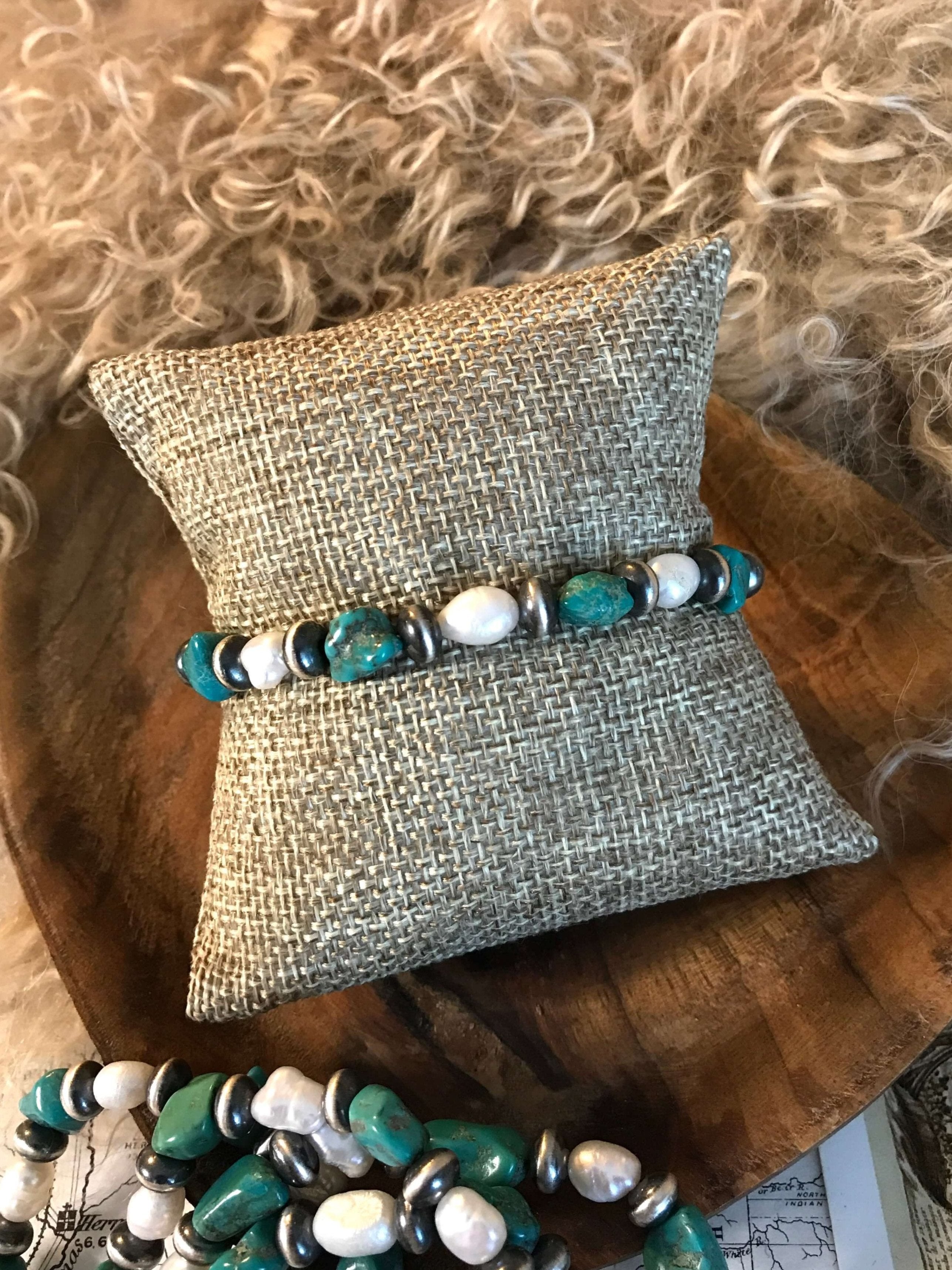 The Pearl and Turquoise Nugget Stretch Bracelet-Bracelets & Cuffs-Calli Co., Turquoise and Silver Jewelry, Native American Handmade, Zuni Tribe, Navajo Tribe, Brock Texas