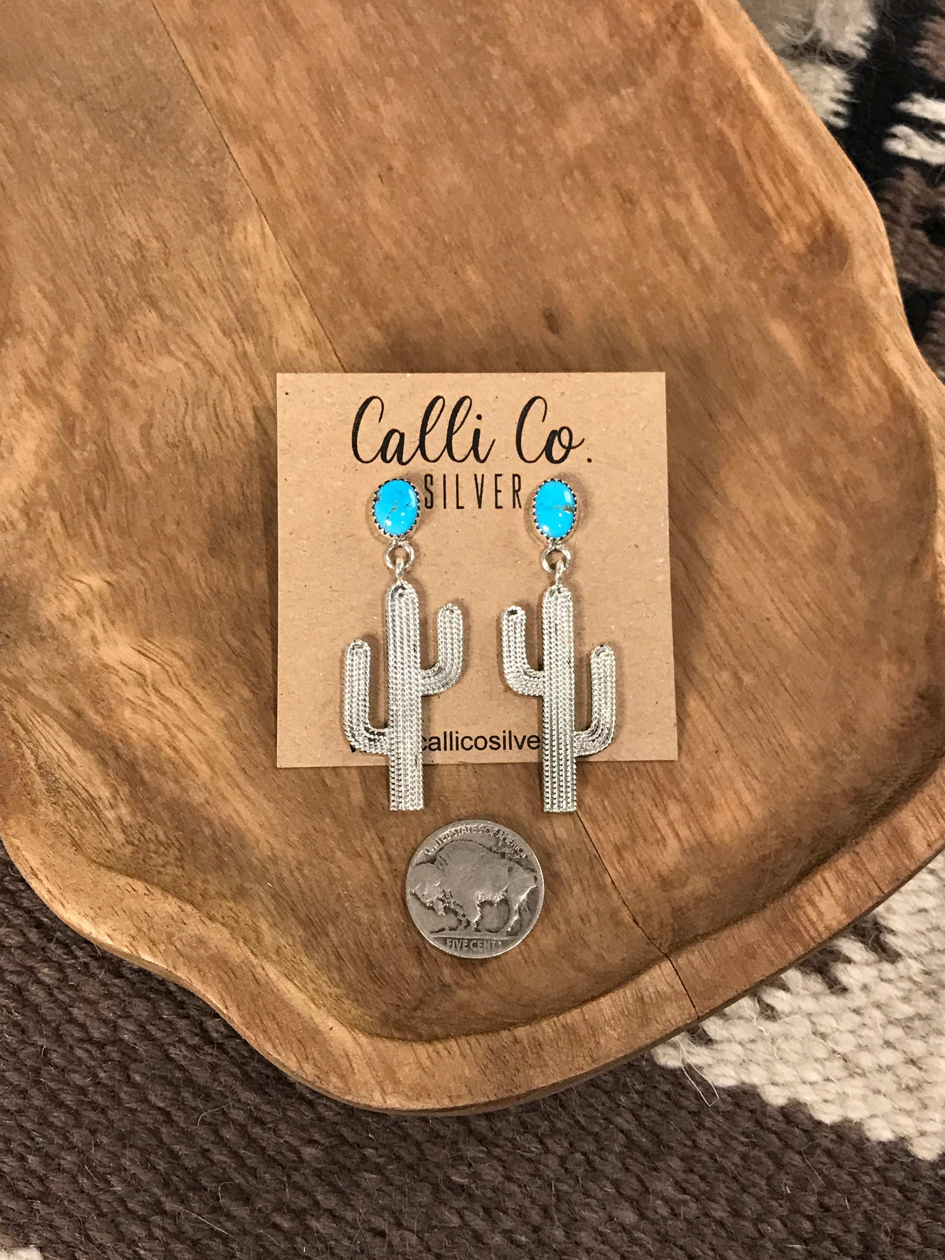 The Saguaro Dangle Earrings, 1-Earrings-Calli Co., Turquoise and Silver Jewelry, Native American Handmade, Zuni Tribe, Navajo Tribe, Brock Texas