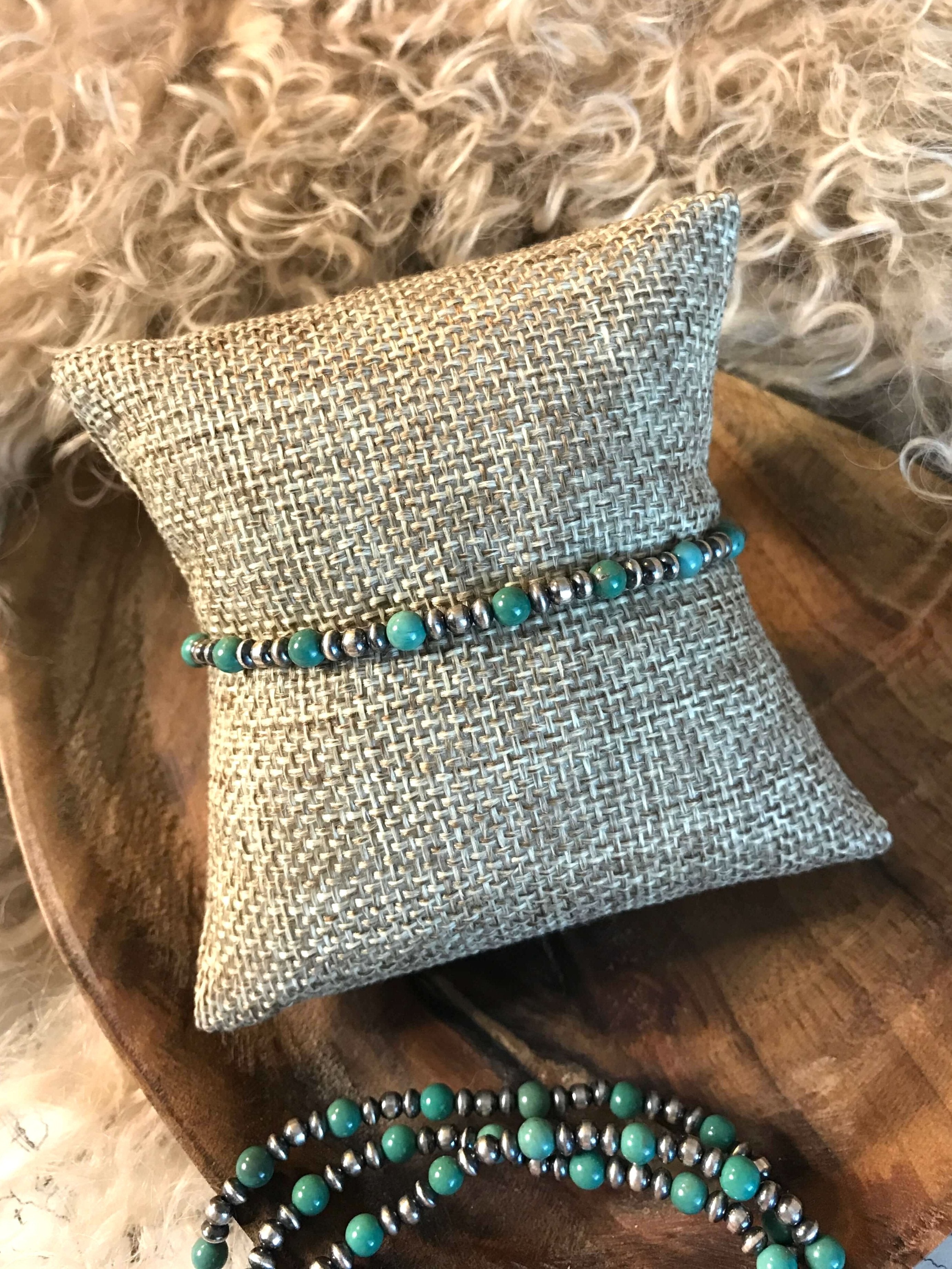 The Tiny Stretch Bracelet in Turquoise-Bracelets & Cuffs-Calli Co., Turquoise and Silver Jewelry, Native American Handmade, Zuni Tribe, Navajo Tribe, Brock Texas