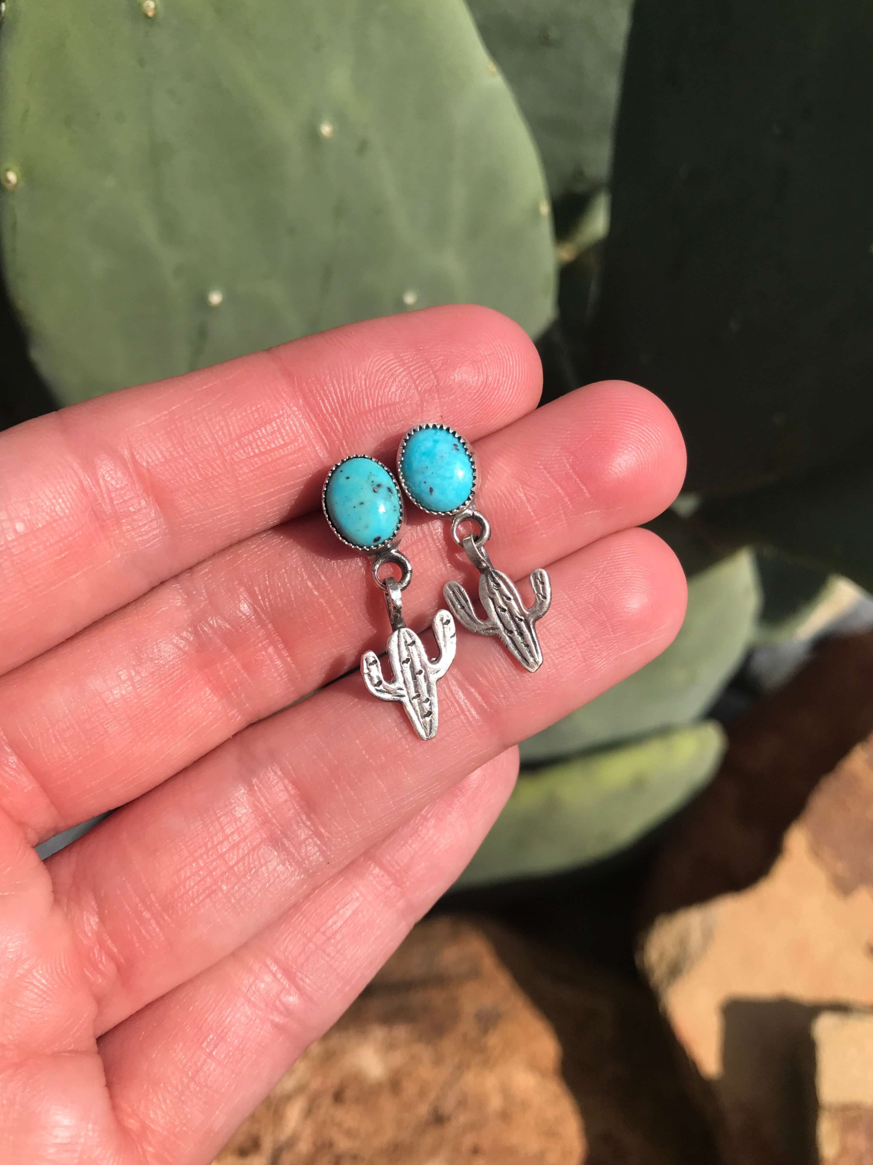 The Saxon Turquoise Cactus Earrings-Earrings-Calli Co., Turquoise and Silver Jewelry, Native American Handmade, Zuni Tribe, Navajo Tribe, Brock Texas