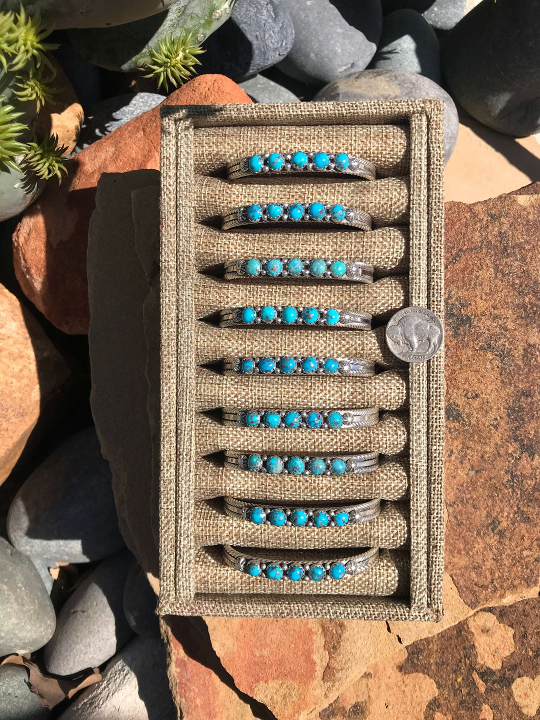 The San Miguel 5 Stone Turquoise Cuffs-Bracelets & Cuffs-Calli Co., Turquoise and Silver Jewelry, Native American Handmade, Zuni Tribe, Navajo Tribe, Brock Texas