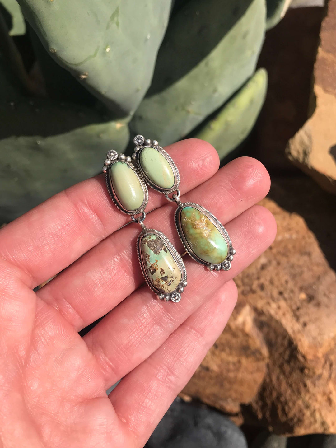 The Carico Double Stone Earrings-Earrings-Calli Co., Turquoise and Silver Jewelry, Native American Handmade, Zuni Tribe, Navajo Tribe, Brock Texas
