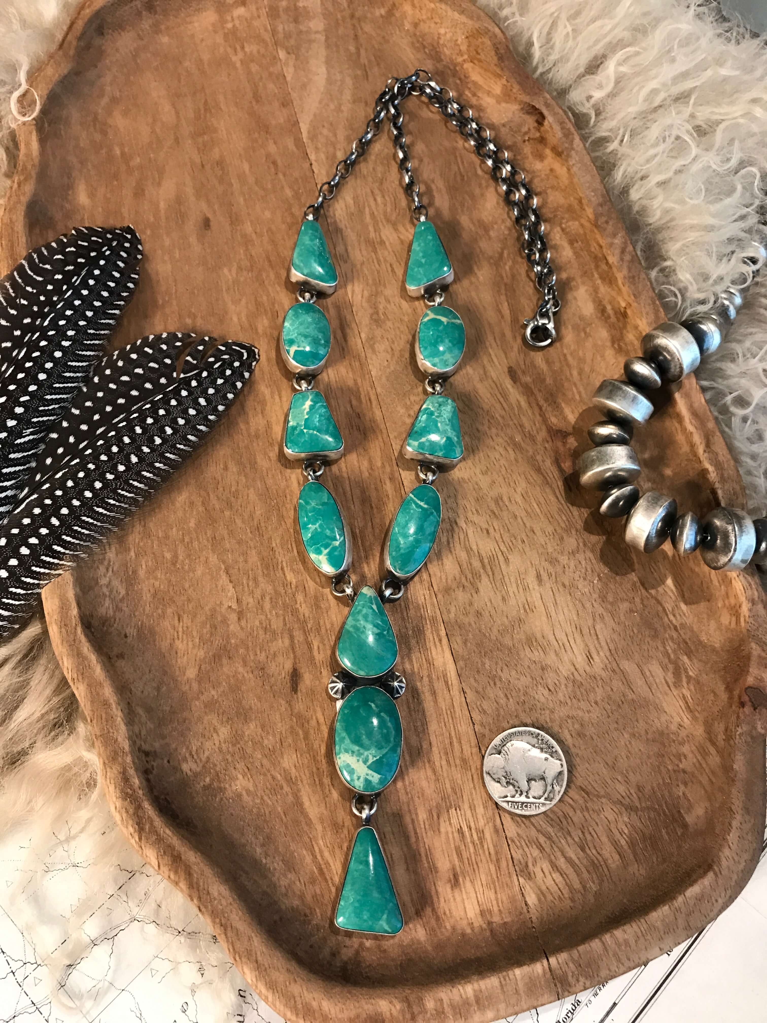 The Kelly Lariat Necklace-Necklaces-Calli Co., Turquoise and Silver Jewelry, Native American Handmade, Zuni Tribe, Navajo Tribe, Brock Texas