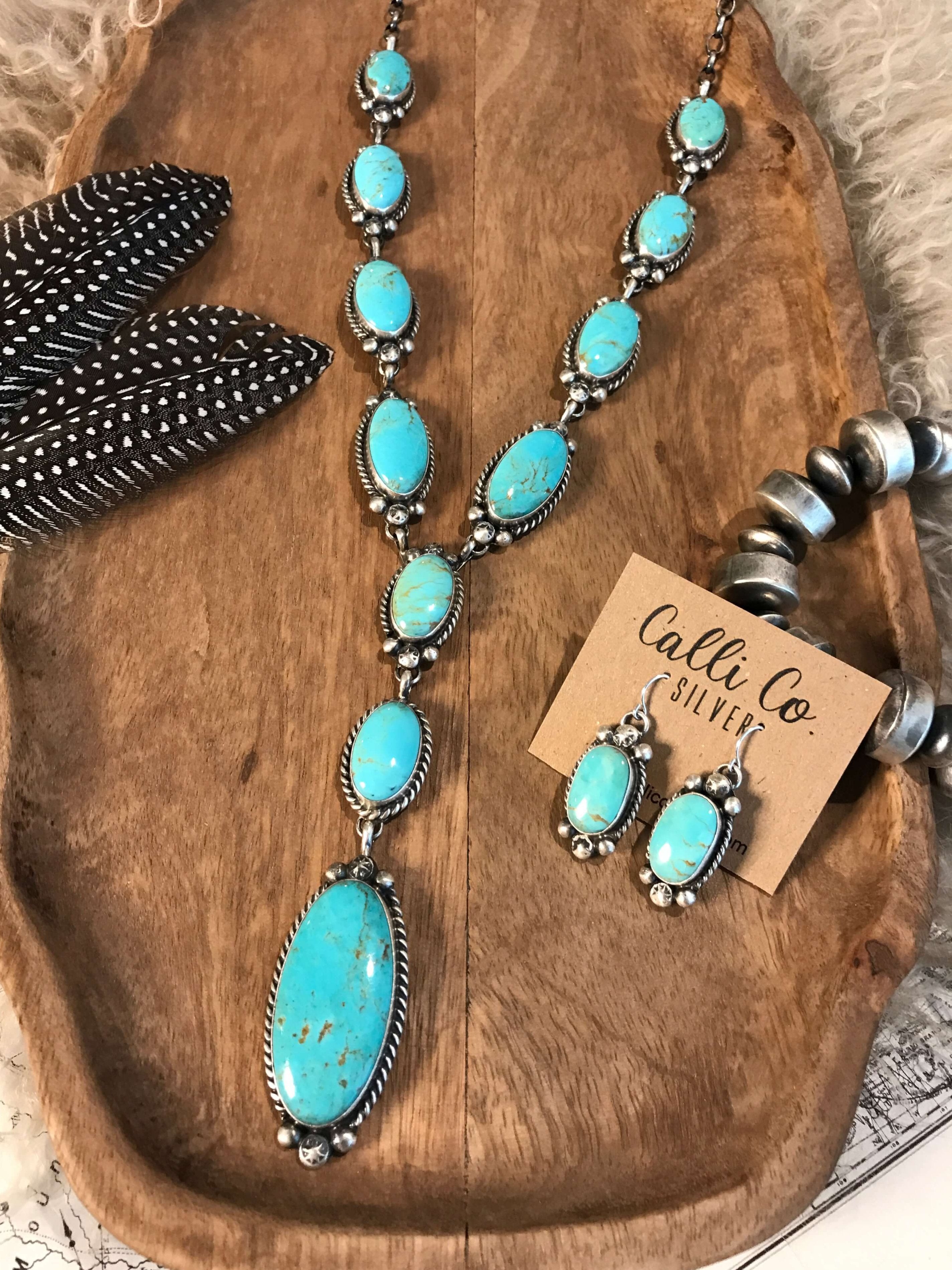 The Hutchison Lariat Necklace Set-Necklaces-Calli Co., Turquoise and Silver Jewelry, Native American Handmade, Zuni Tribe, Navajo Tribe, Brock Texas