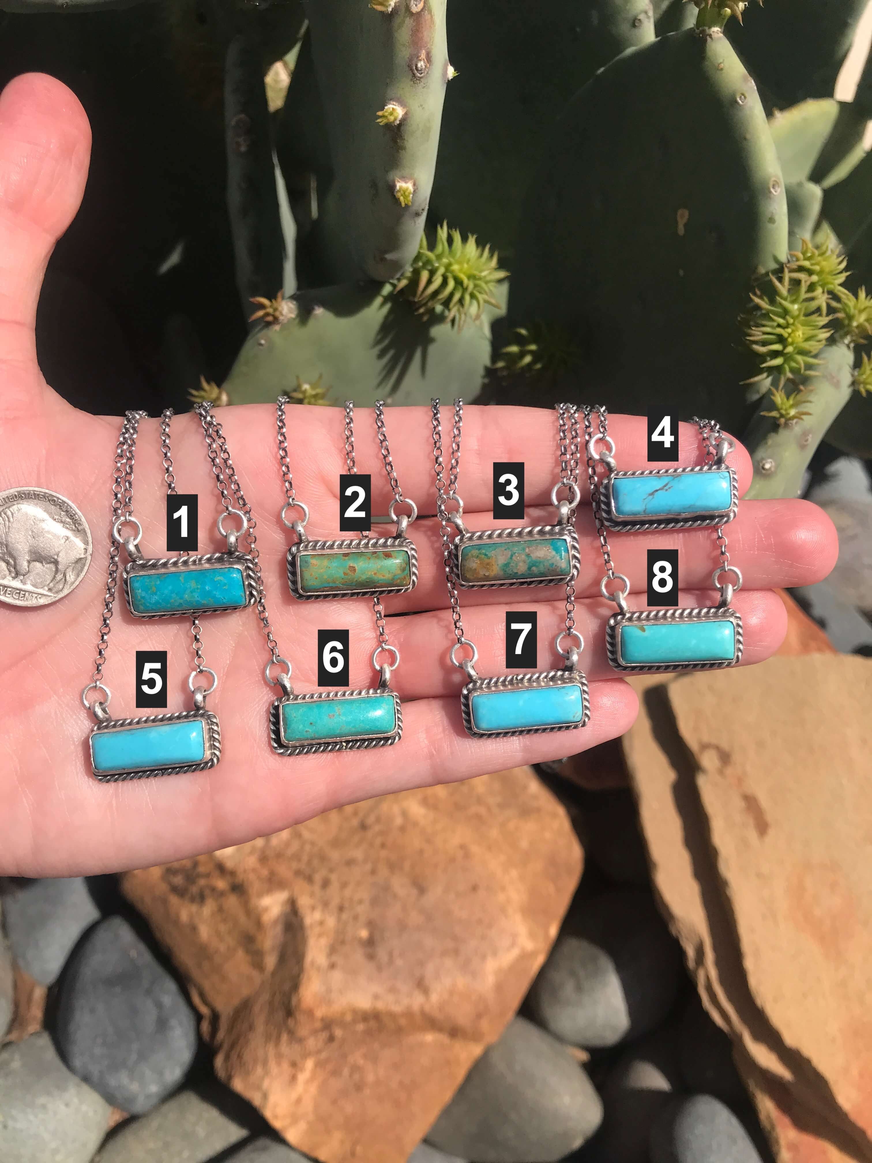 The Little Chief Turquoise Bar Necklaces-Necklaces-Calli Co., Turquoise and Silver Jewelry, Native American Handmade, Zuni Tribe, Navajo Tribe, Brock Texas