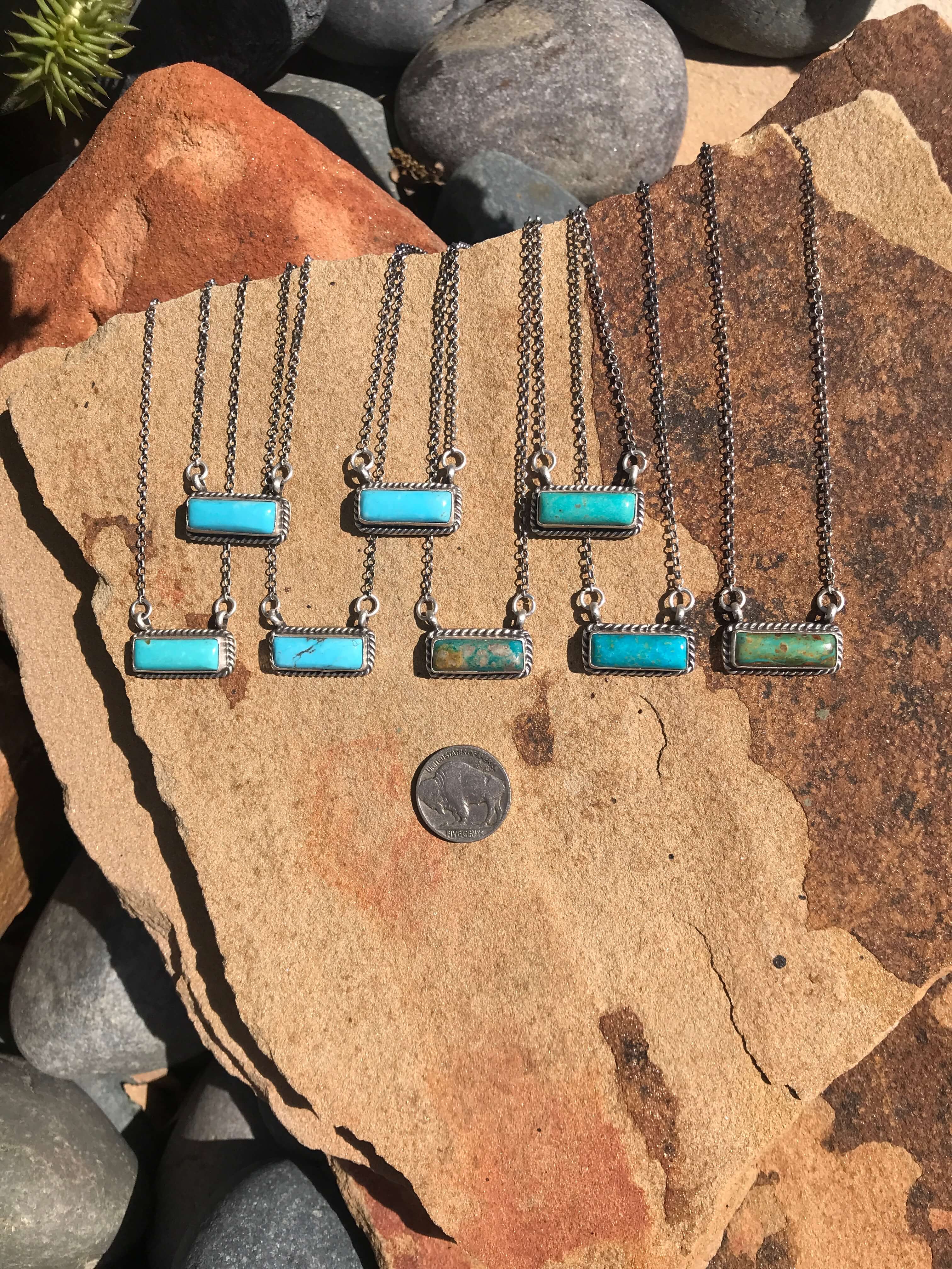 The Little Chief Turquoise Bar Necklaces-Necklaces-Calli Co., Turquoise and Silver Jewelry, Native American Handmade, Zuni Tribe, Navajo Tribe, Brock Texas