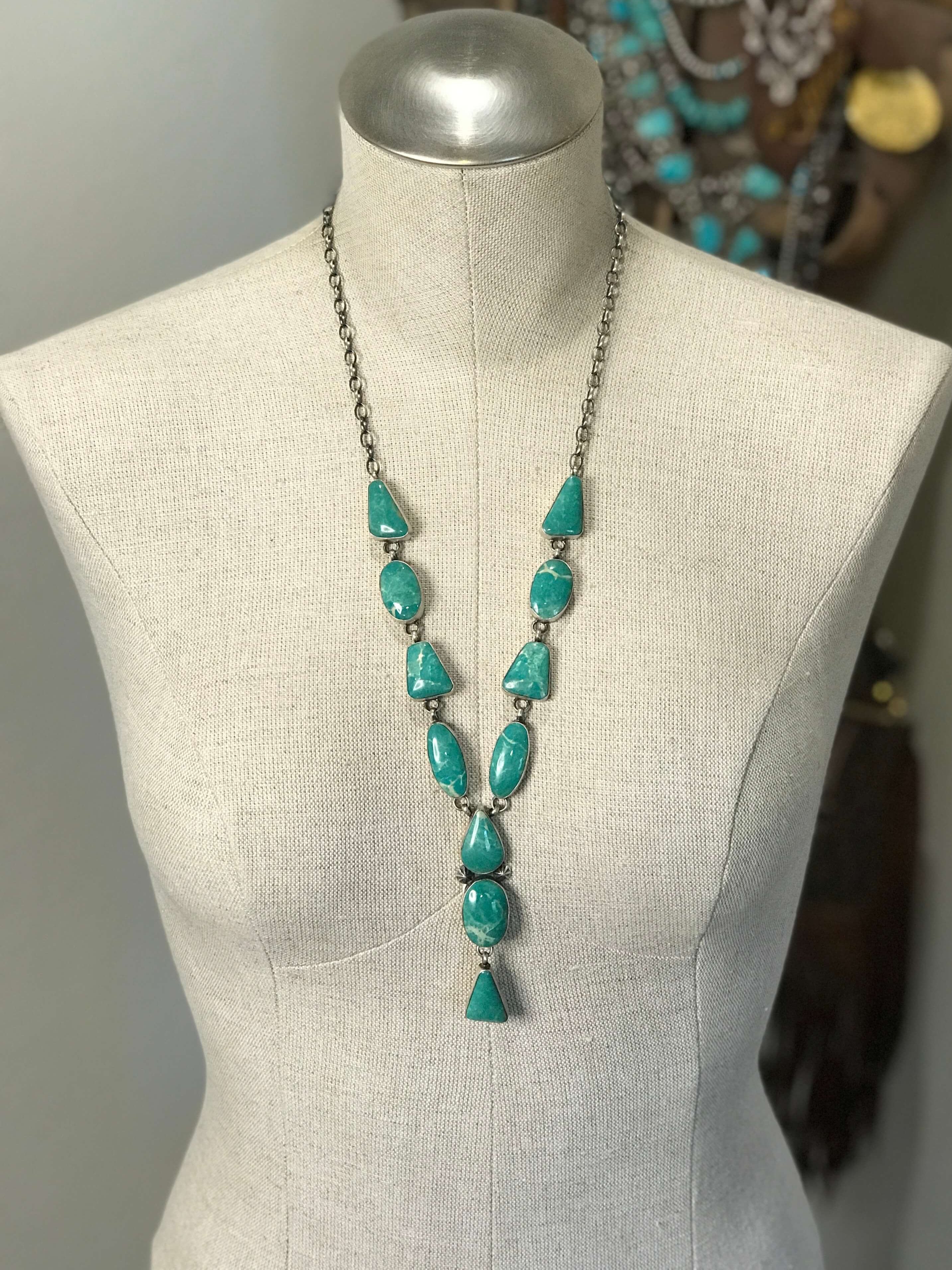 The Kelly Lariat Necklace-Necklaces-Calli Co., Turquoise and Silver Jewelry, Native American Handmade, Zuni Tribe, Navajo Tribe, Brock Texas