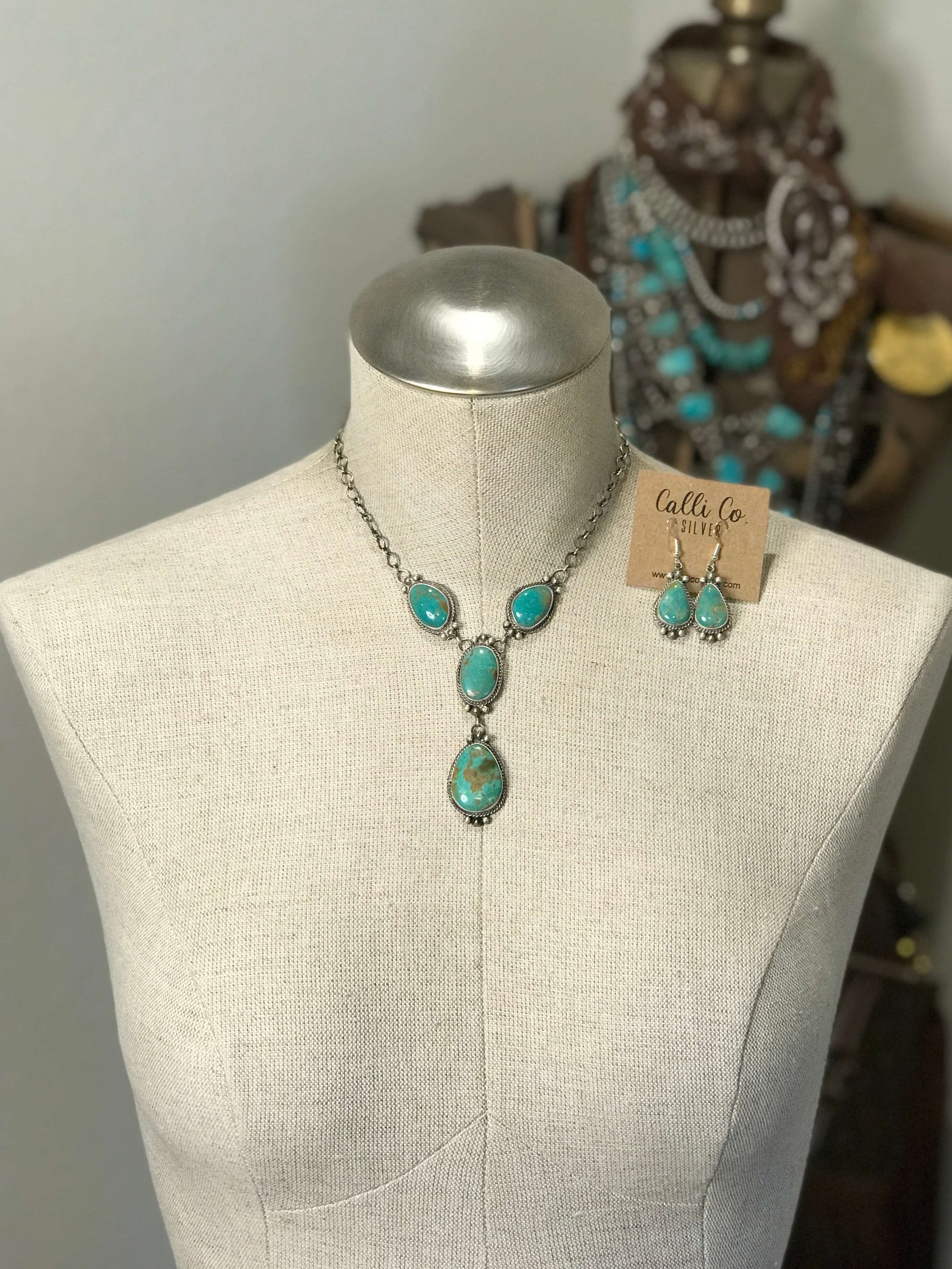 The Gloriana Lariat Necklace Set-Necklaces-Calli Co., Turquoise and Silver Jewelry, Native American Handmade, Zuni Tribe, Navajo Tribe, Brock Texas