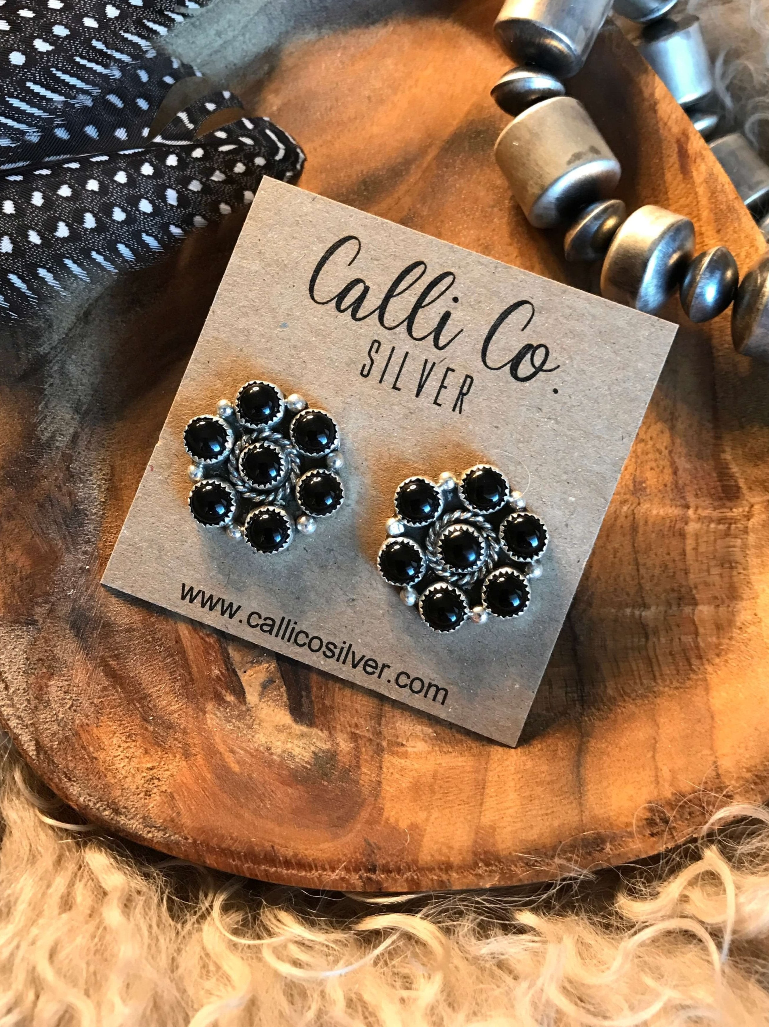 The Jamboree Onyx Cluster Earrings-Earrings-Calli Co., Turquoise and Silver Jewelry, Native American Handmade, Zuni Tribe, Navajo Tribe, Brock Texas