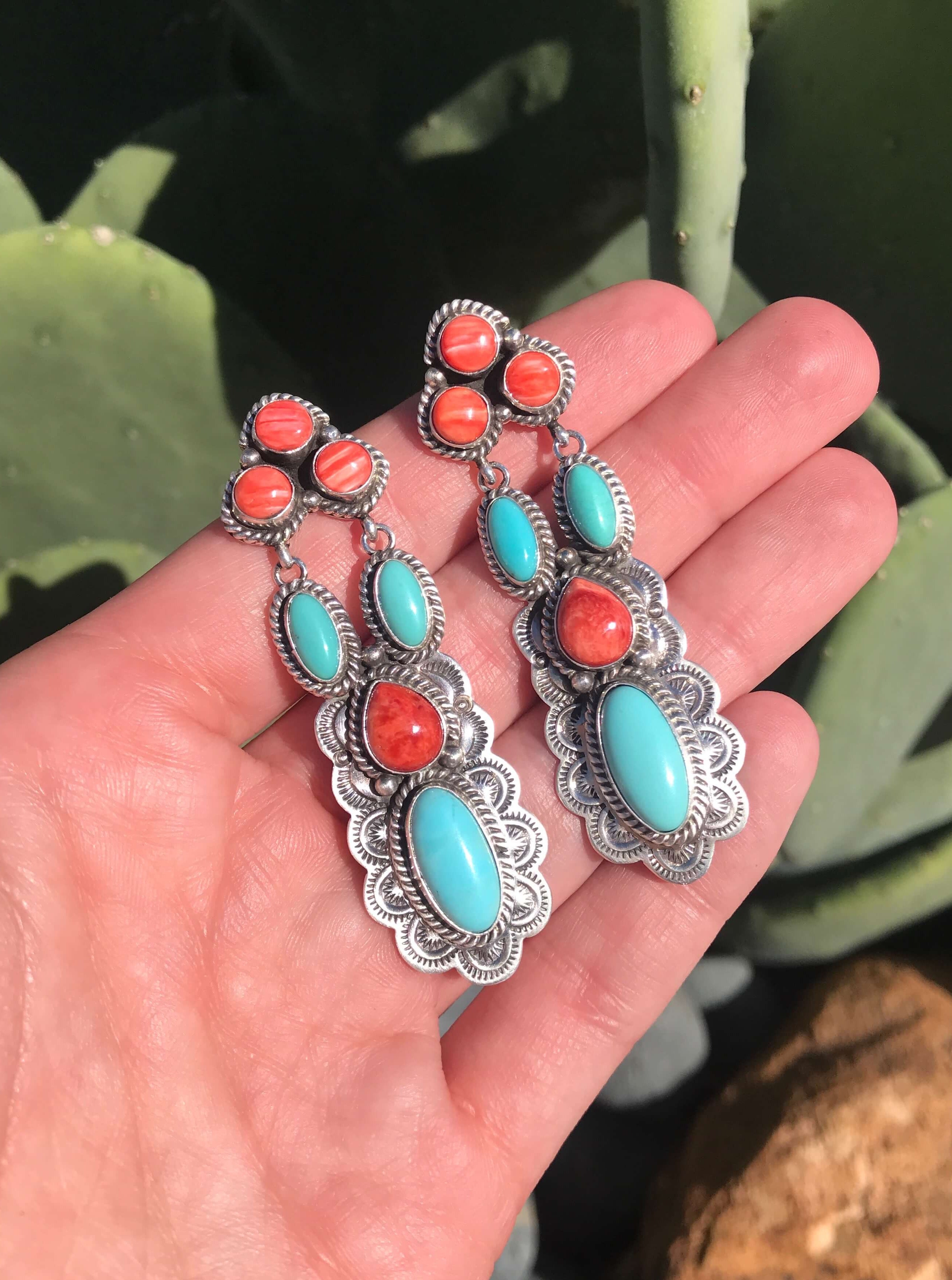 The Villa Del Sol Earrings-Earrings-Calli Co., Turquoise and Silver Jewelry, Native American Handmade, Zuni Tribe, Navajo Tribe, Brock Texas