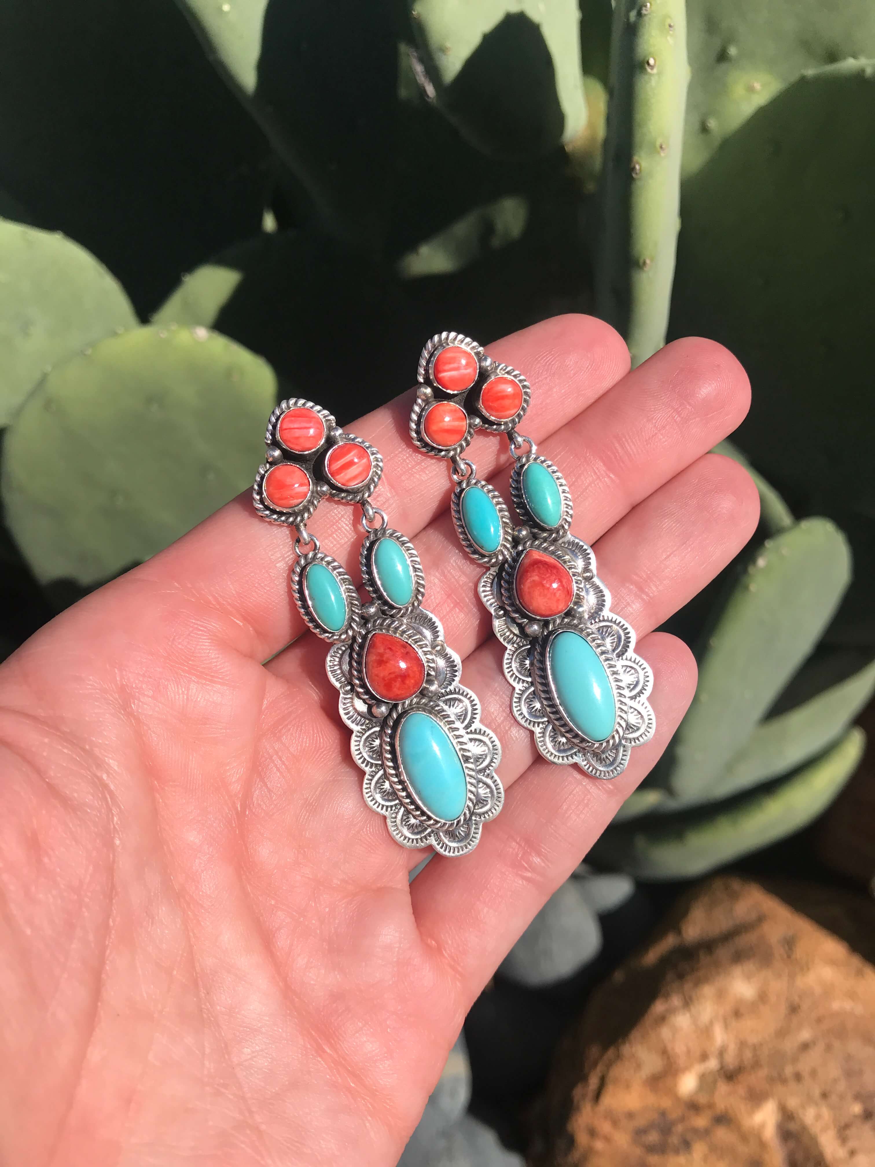 The Villa Del Sol Earrings-Earrings-Calli Co., Turquoise and Silver Jewelry, Native American Handmade, Zuni Tribe, Navajo Tribe, Brock Texas