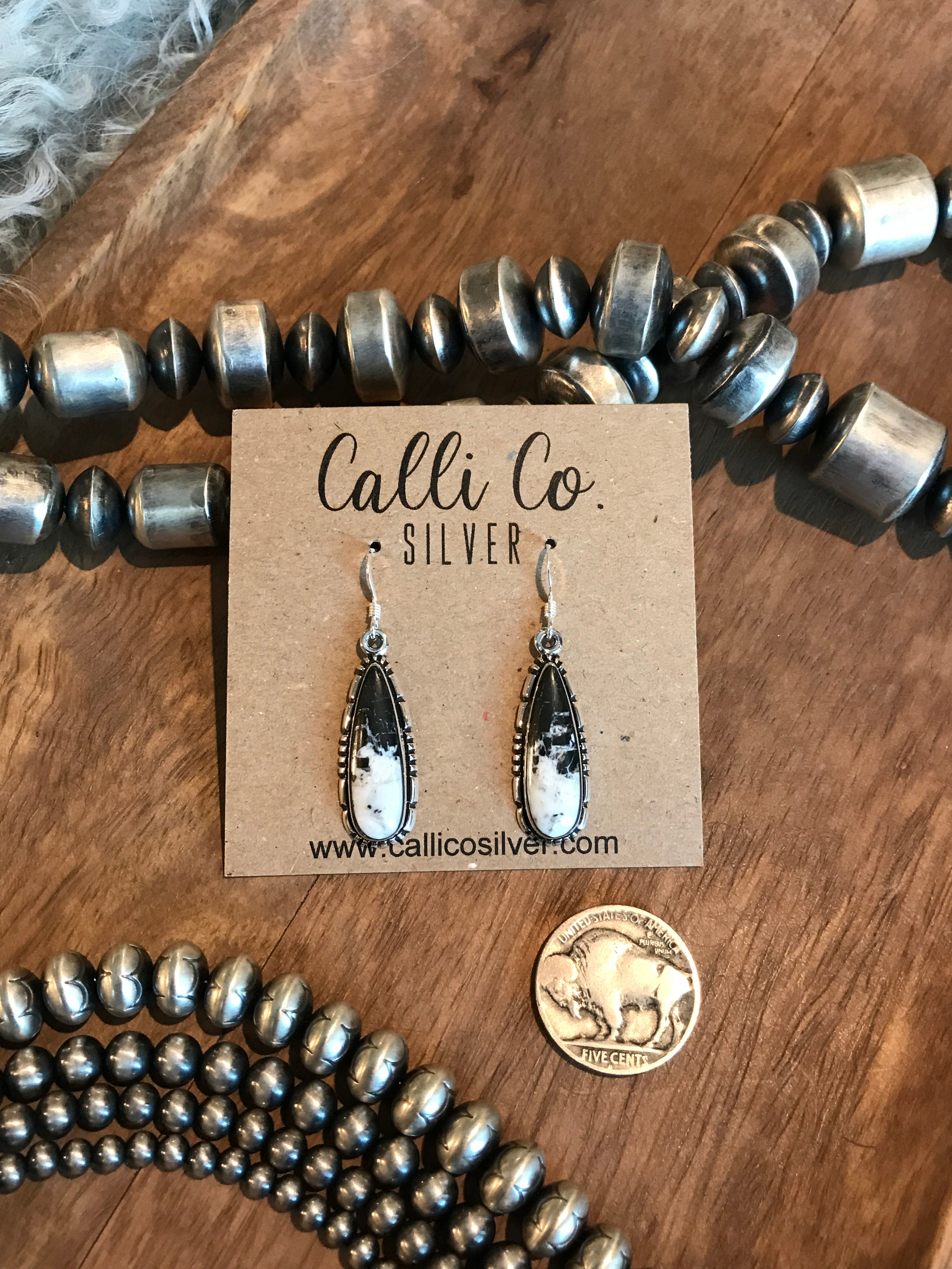 The White Buffalo Dangles, 1-Earrings-Calli Co., Turquoise and Silver Jewelry, Native American Handmade, Zuni Tribe, Navajo Tribe, Brock Texas