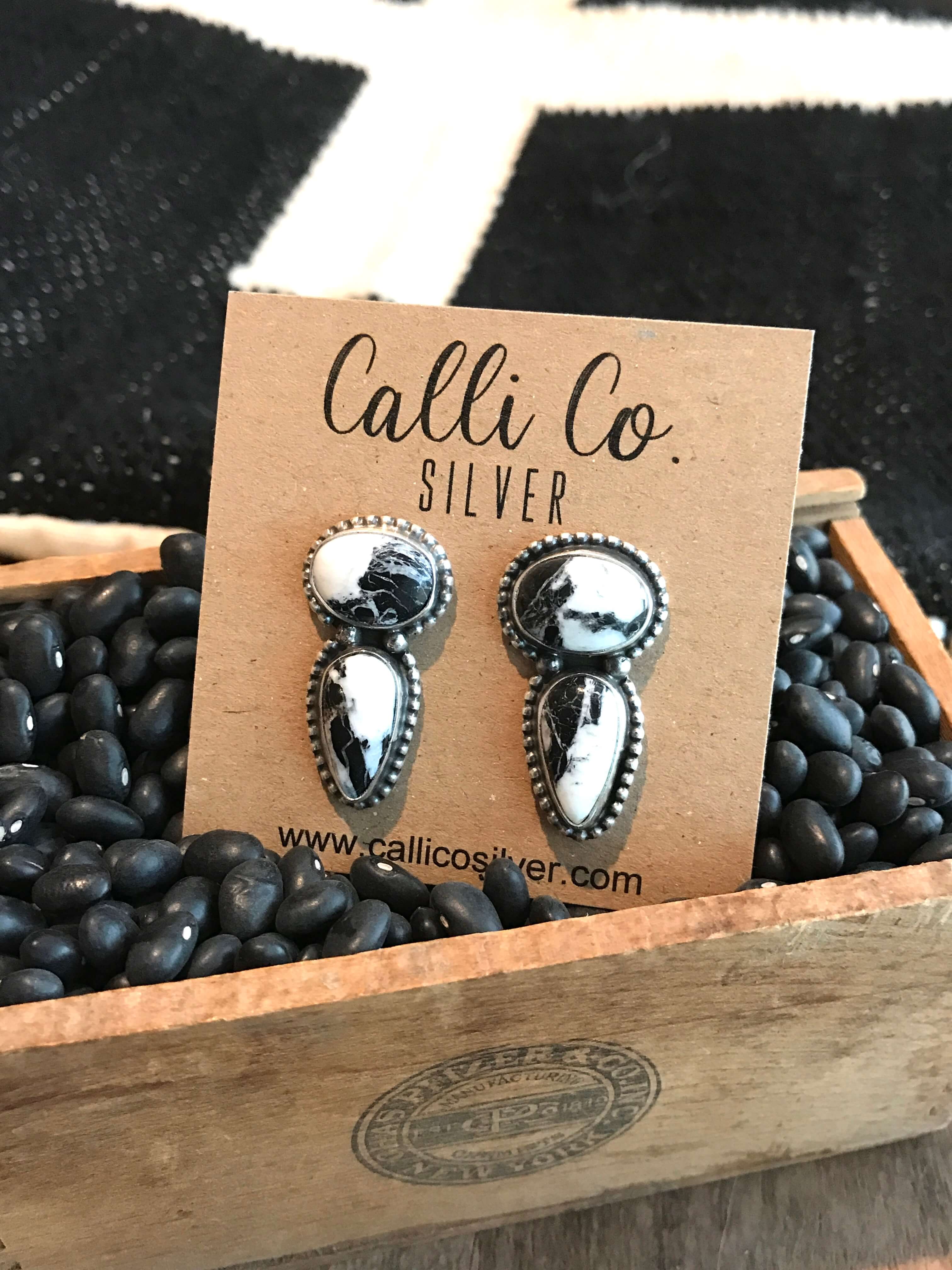 The Rochdale White Buffalo Earrings, 2-Earrings-Calli Co., Turquoise and Silver Jewelry, Native American Handmade, Zuni Tribe, Navajo Tribe, Brock Texas