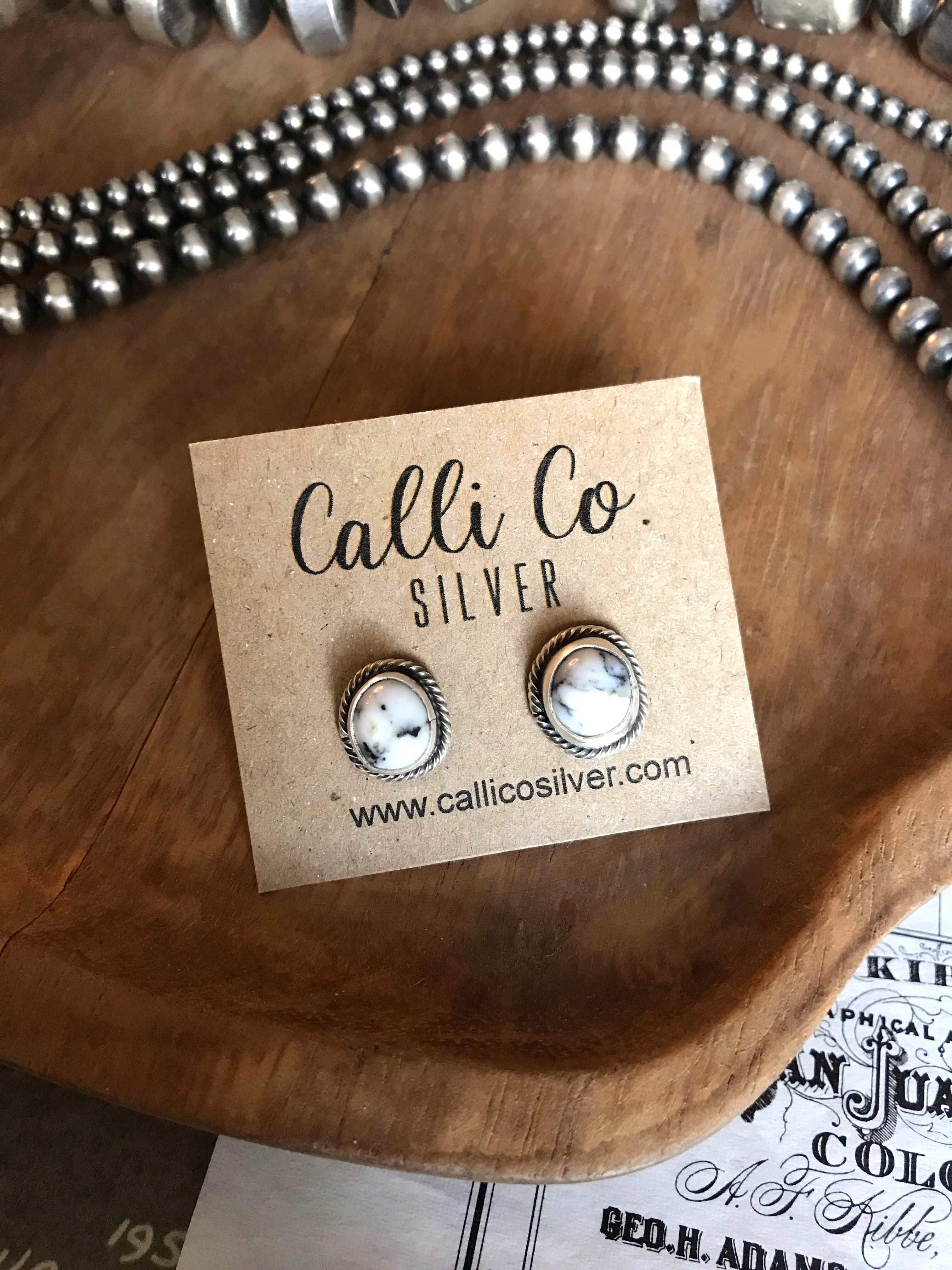 The White Buffalo Studs, 68-Earrings-Calli Co., Turquoise and Silver Jewelry, Native American Handmade, Zuni Tribe, Navajo Tribe, Brock Texas