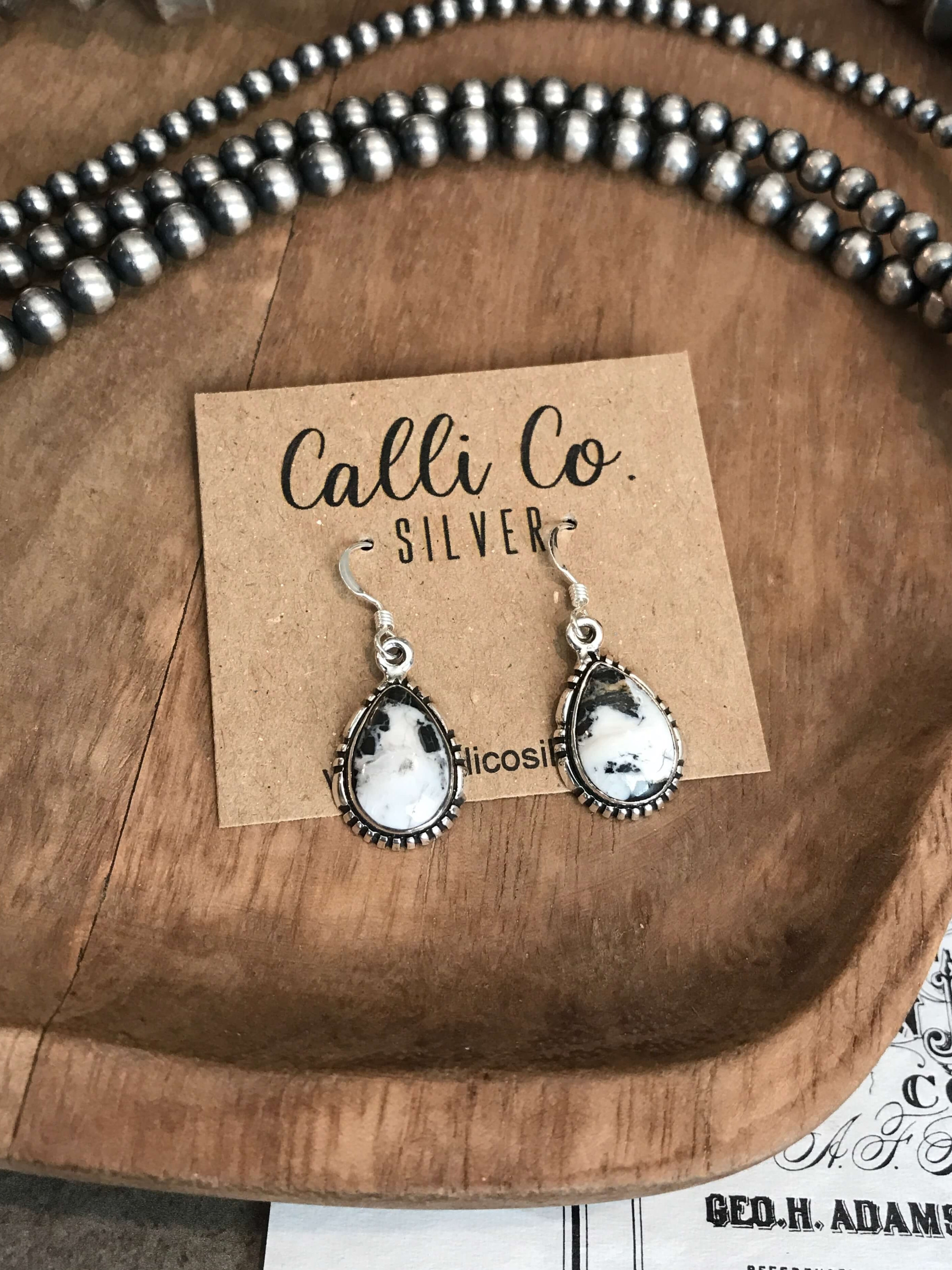 The Turnagain White Buffalo Dangles, 2-Earrings-Calli Co., Turquoise and Silver Jewelry, Native American Handmade, Zuni Tribe, Navajo Tribe, Brock Texas