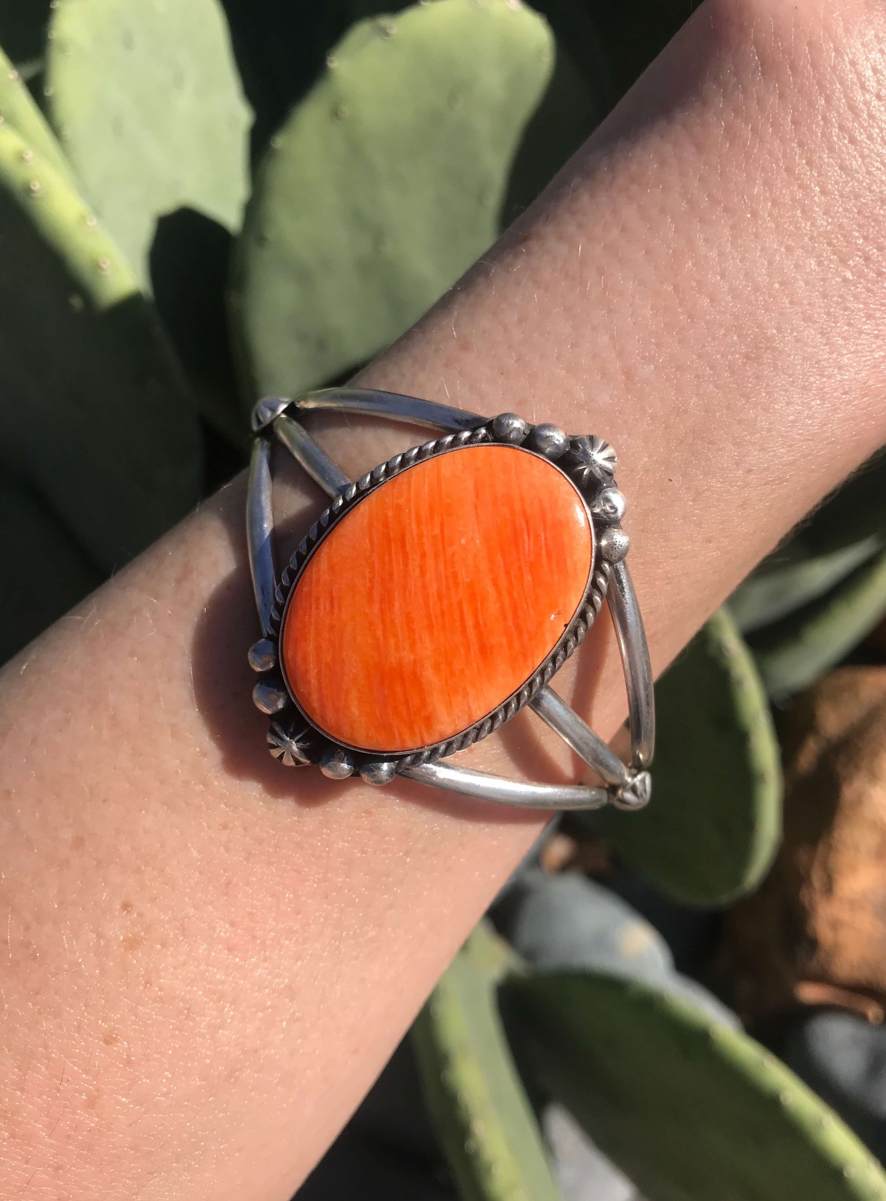 The Edens Isle Orange Spiny Cuff, 1-Bracelets & Cuffs-Calli Co., Turquoise and Silver Jewelry, Native American Handmade, Zuni Tribe, Navajo Tribe, Brock Texas