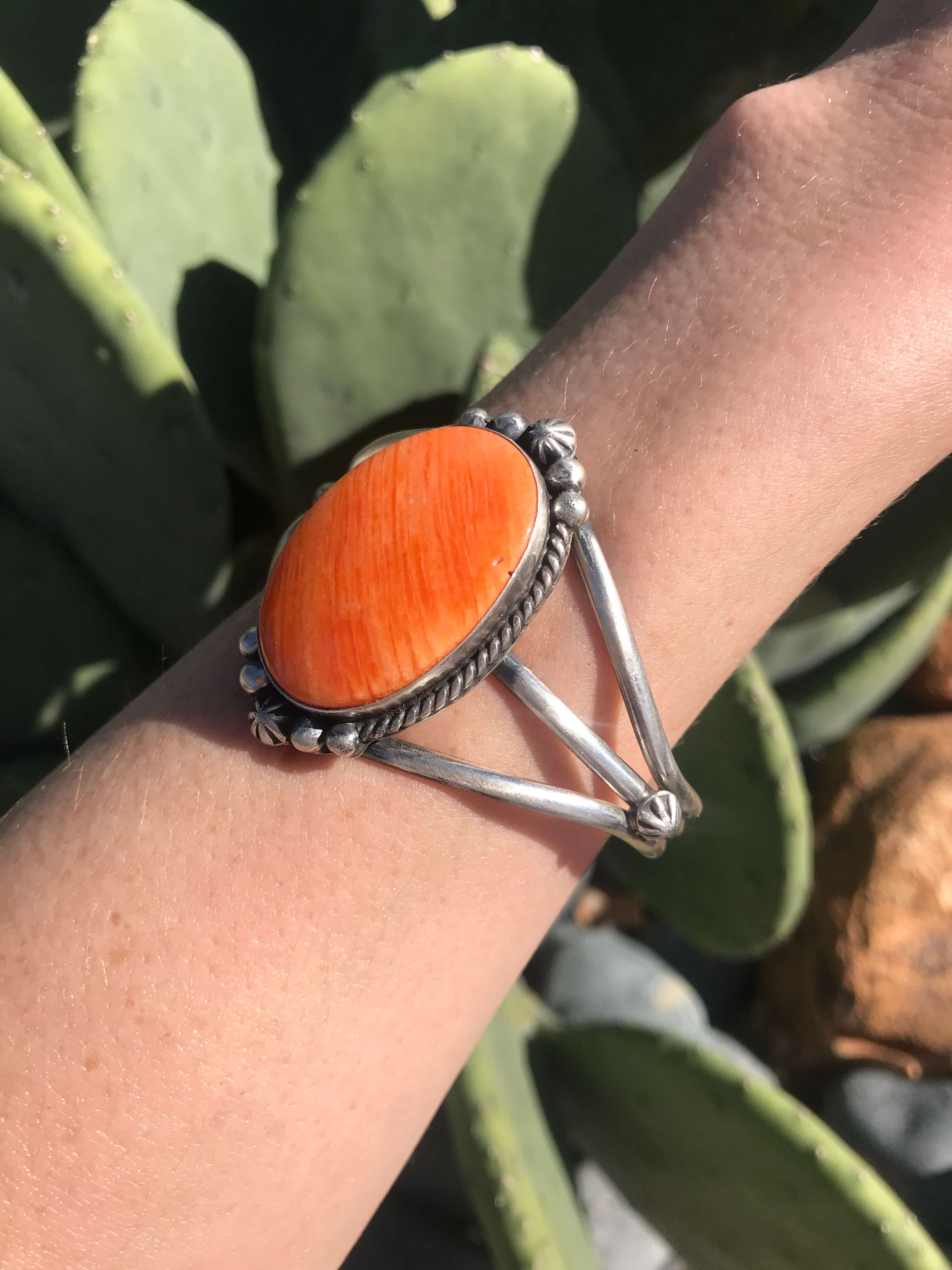 The Edens Isle Orange Spiny Cuff, 1-Bracelets & Cuffs-Calli Co., Turquoise and Silver Jewelry, Native American Handmade, Zuni Tribe, Navajo Tribe, Brock Texas