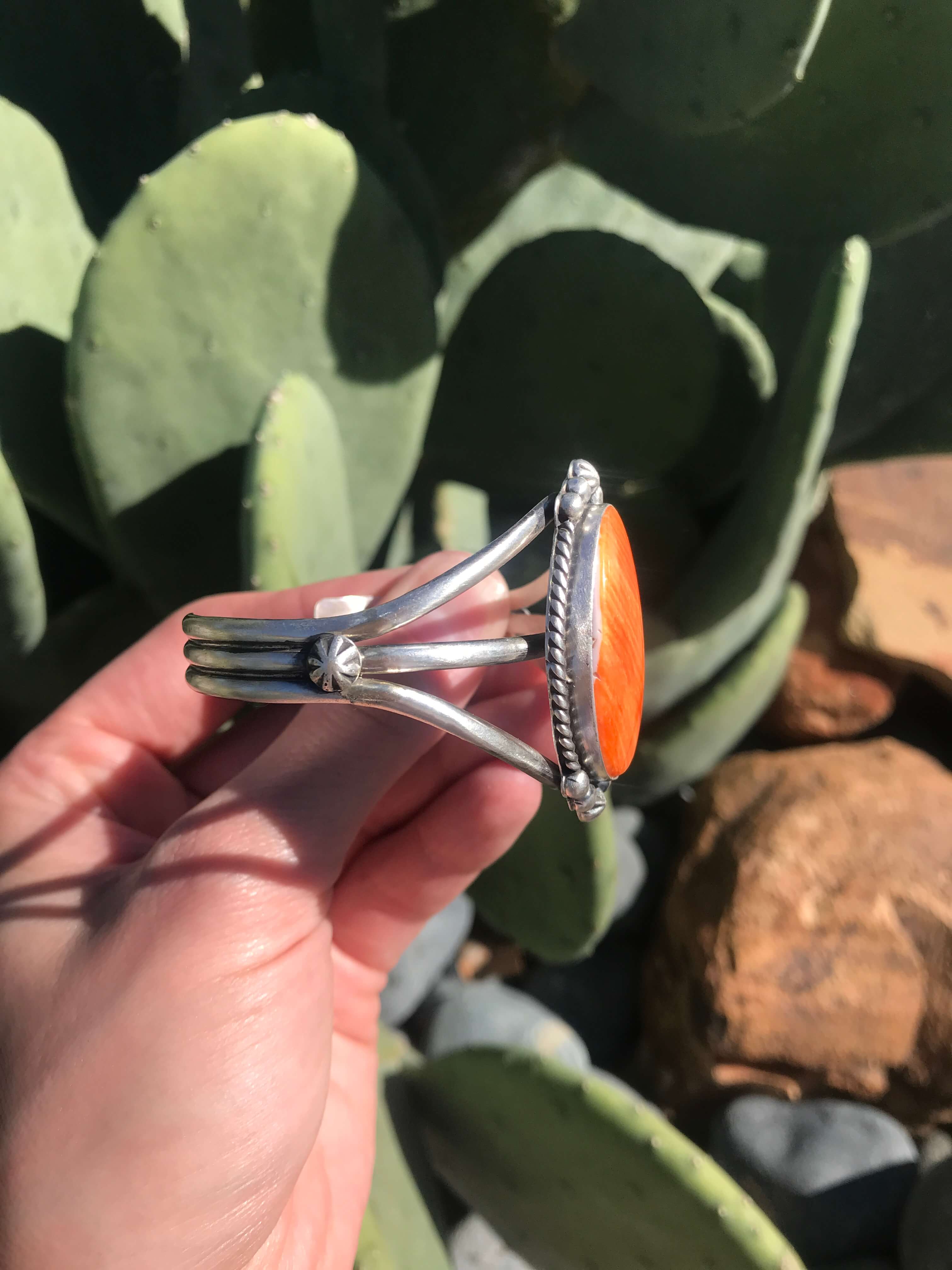 The Edens Isle Orange Spiny Cuff, 1-Bracelets & Cuffs-Calli Co., Turquoise and Silver Jewelry, Native American Handmade, Zuni Tribe, Navajo Tribe, Brock Texas