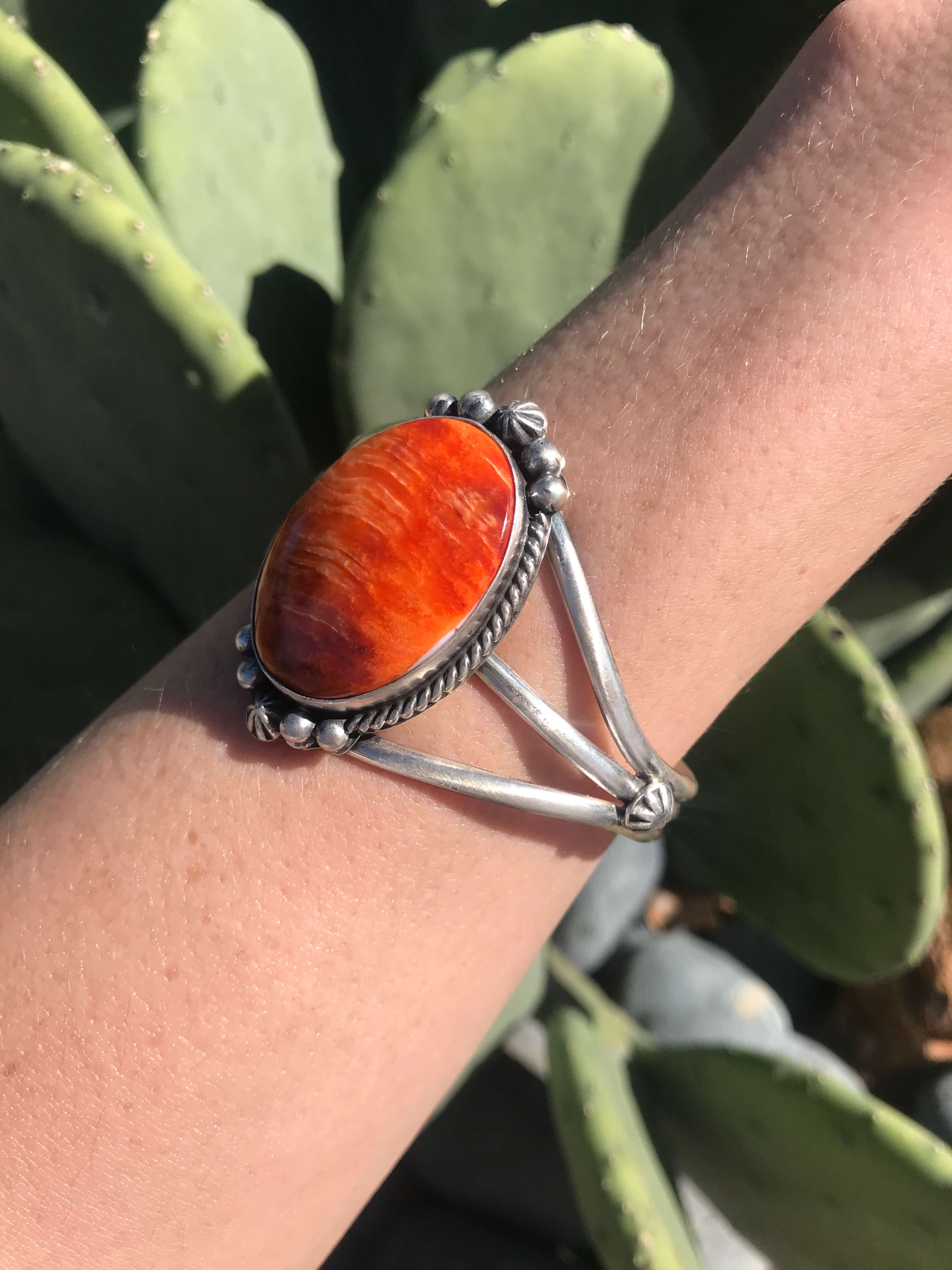 The Edens Isle Orange Spiny Cuff, 2-Bracelets & Cuffs-Calli Co., Turquoise and Silver Jewelry, Native American Handmade, Zuni Tribe, Navajo Tribe, Brock Texas