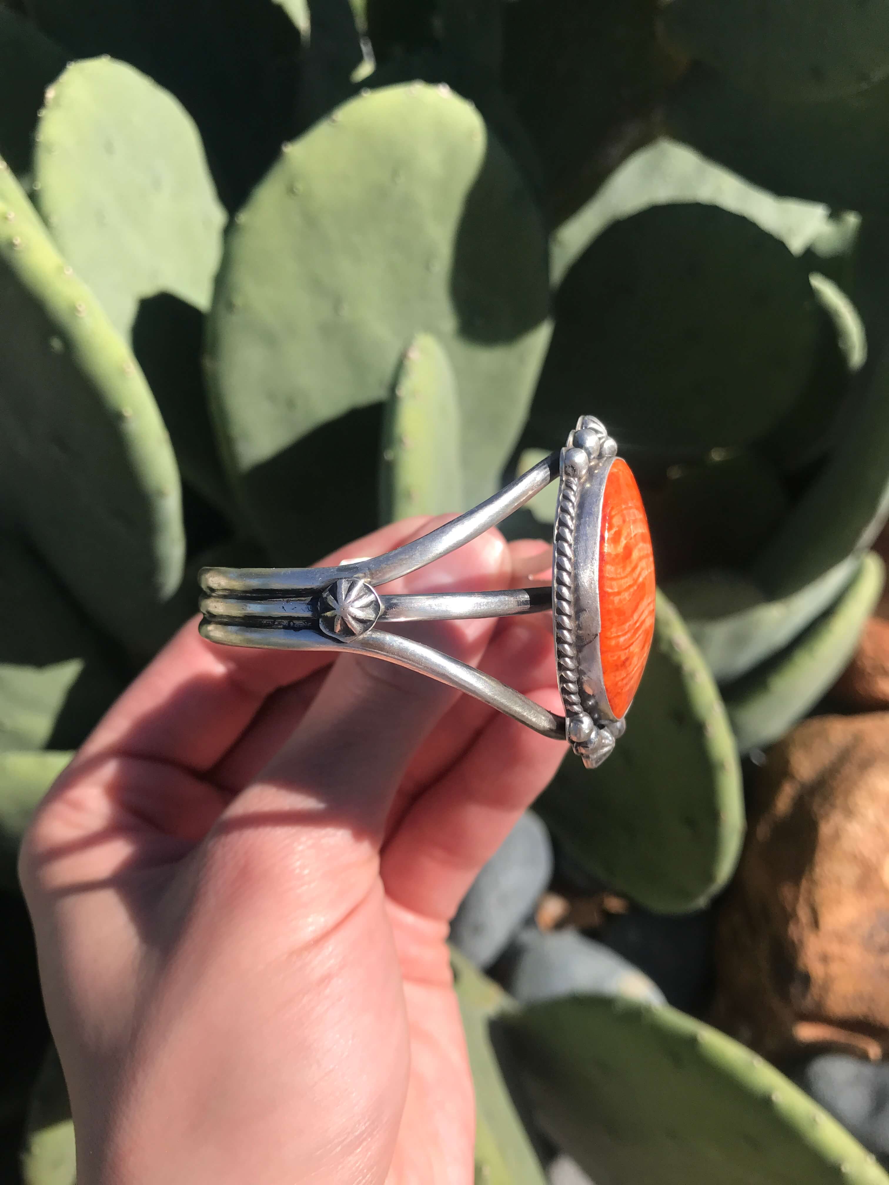 The Edens Isle Orange Spiny Cuff, 2-Bracelets & Cuffs-Calli Co., Turquoise and Silver Jewelry, Native American Handmade, Zuni Tribe, Navajo Tribe, Brock Texas