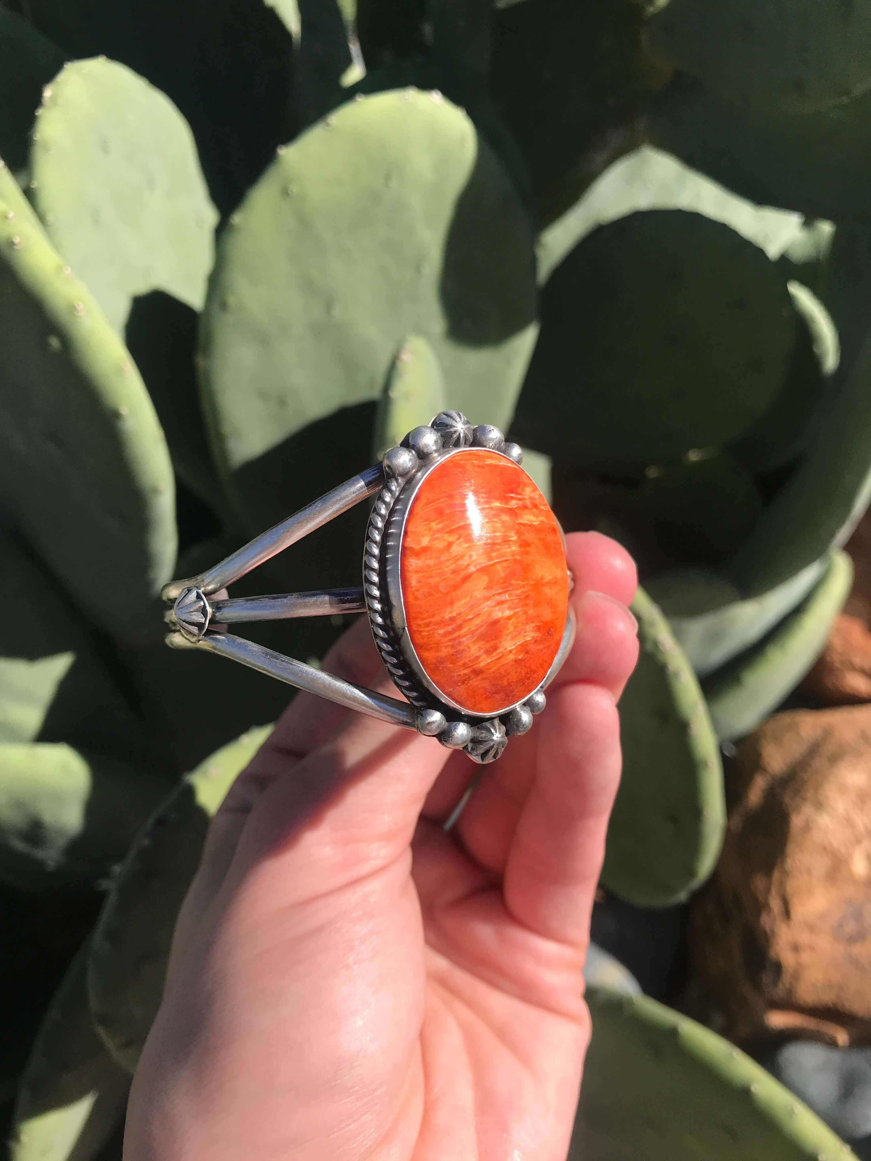 The Edens Isle Orange Spiny Cuff, 2-Bracelets & Cuffs-Calli Co., Turquoise and Silver Jewelry, Native American Handmade, Zuni Tribe, Navajo Tribe, Brock Texas