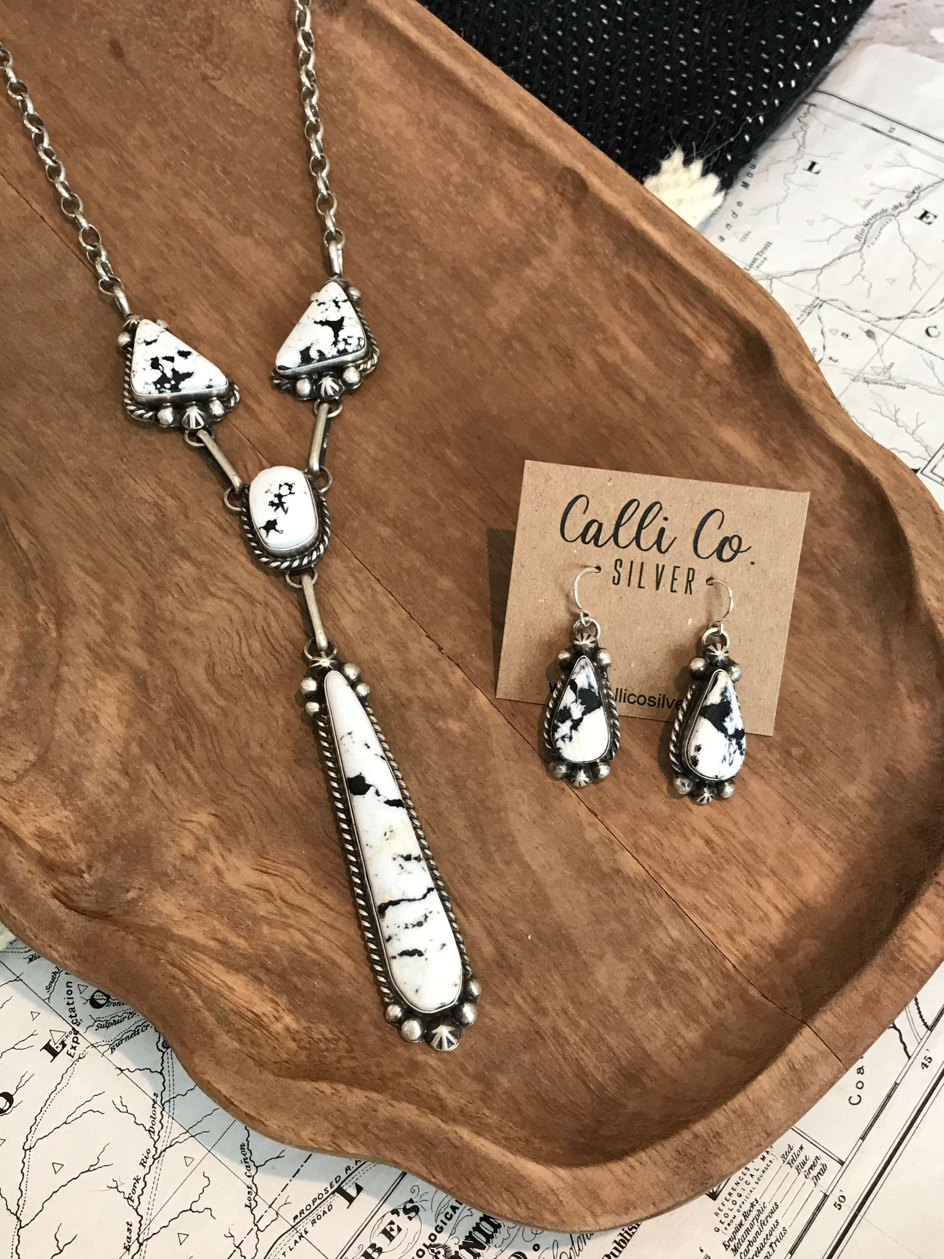 The Warrenton White Buffalo Lariat Necklace Set-Necklaces-Calli Co., Turquoise and Silver Jewelry, Native American Handmade, Zuni Tribe, Navajo Tribe, Brock Texas